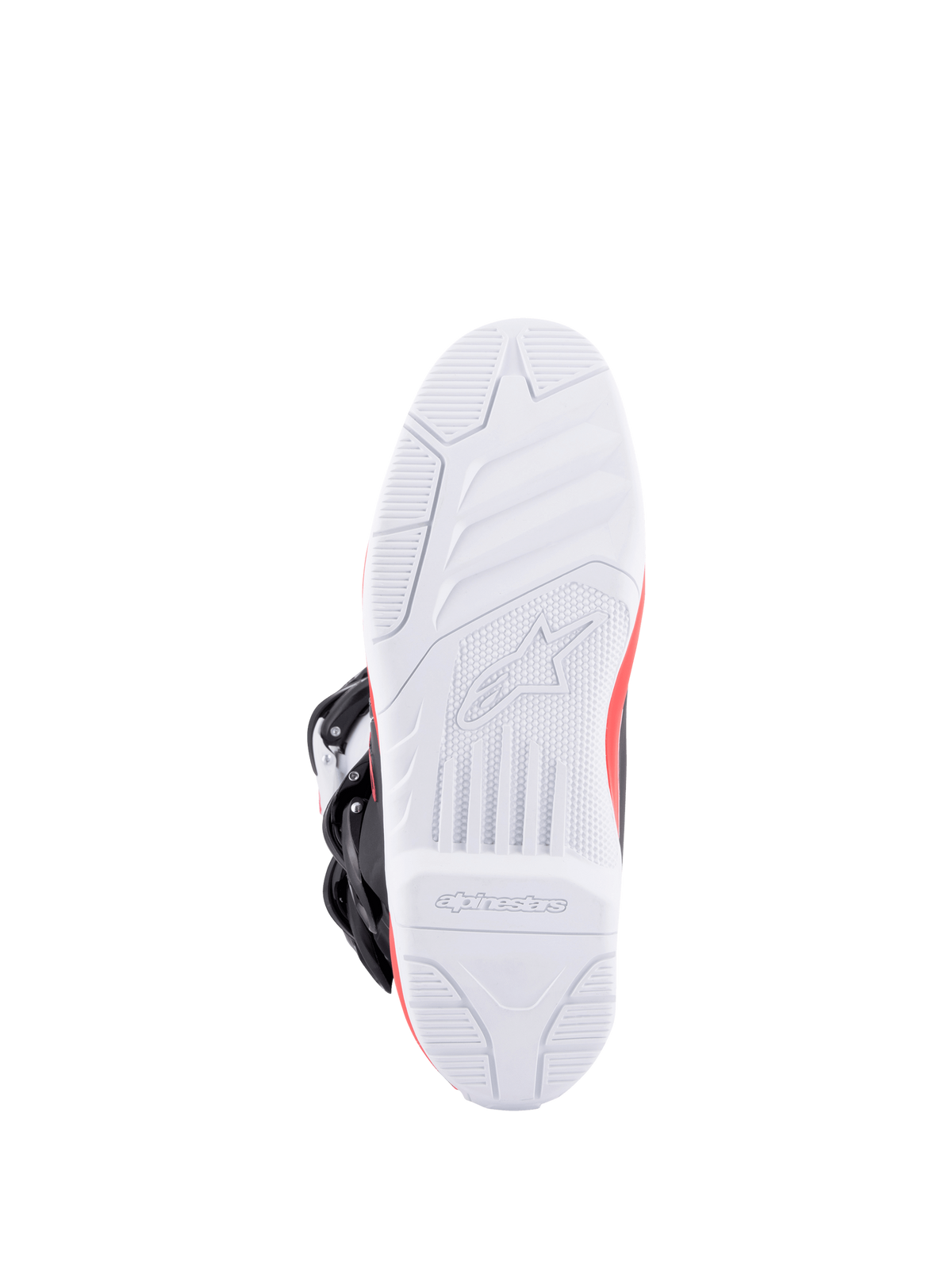 Alpinestars Stivali Tech 3, stivale da motocross visto dalla suola, suola bianca ad alta aderenza con dettagli rosso brillante, blu scuro e fibbie nere