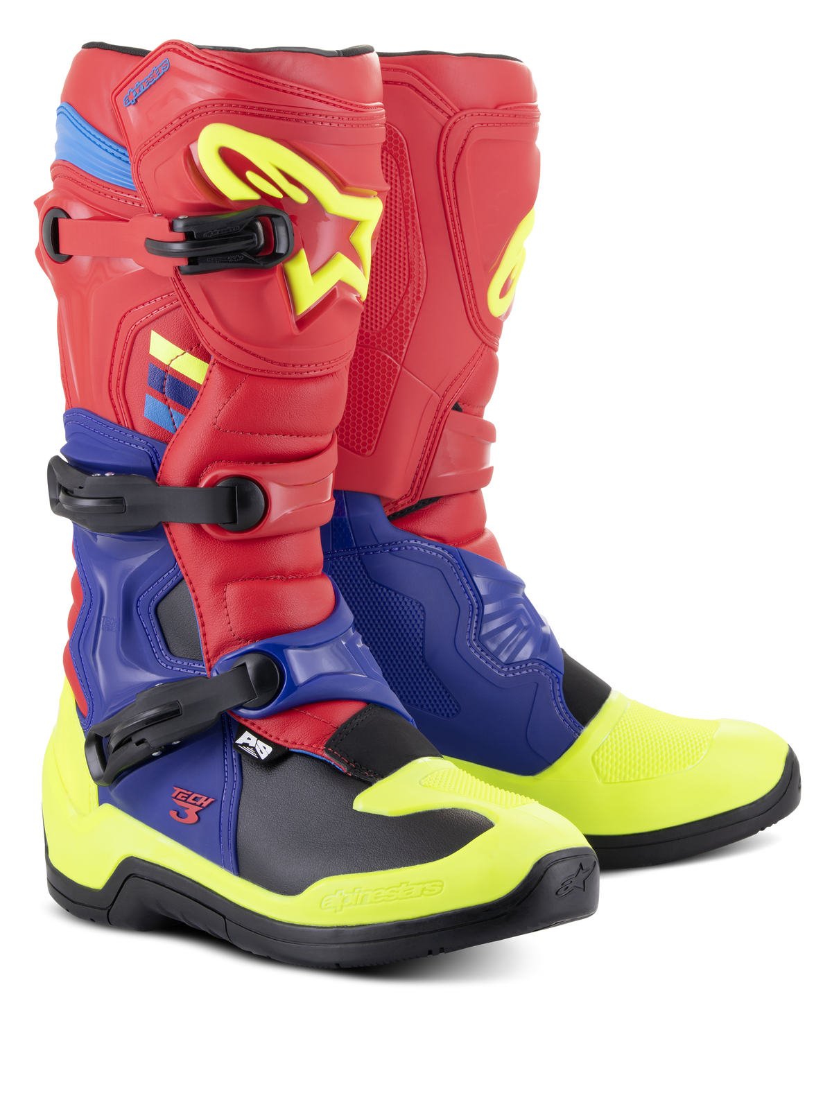 Stivali Alpinestars Tech 3, stivali da motocross, rosso brillante, blu scuro e giallo fluo, con triple fibbie in polimero, piastre di protezione in TPU sagomate e suola nera ad alta aderenza, progettati per prestazioni motocross e fuoristrada.