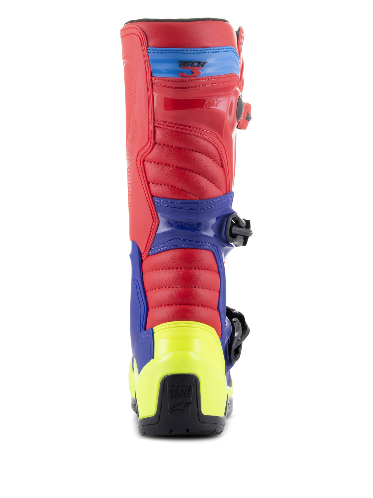 Stivali Alpinestars Tech 3, stivali da motocross, rosso acceso, blu scuro e giallo fluo, vista posteriore con protezione del tallone giallo neon, tomaia rossa e pannelli di supporto blu, struttura robusta per corse fuoristrada
