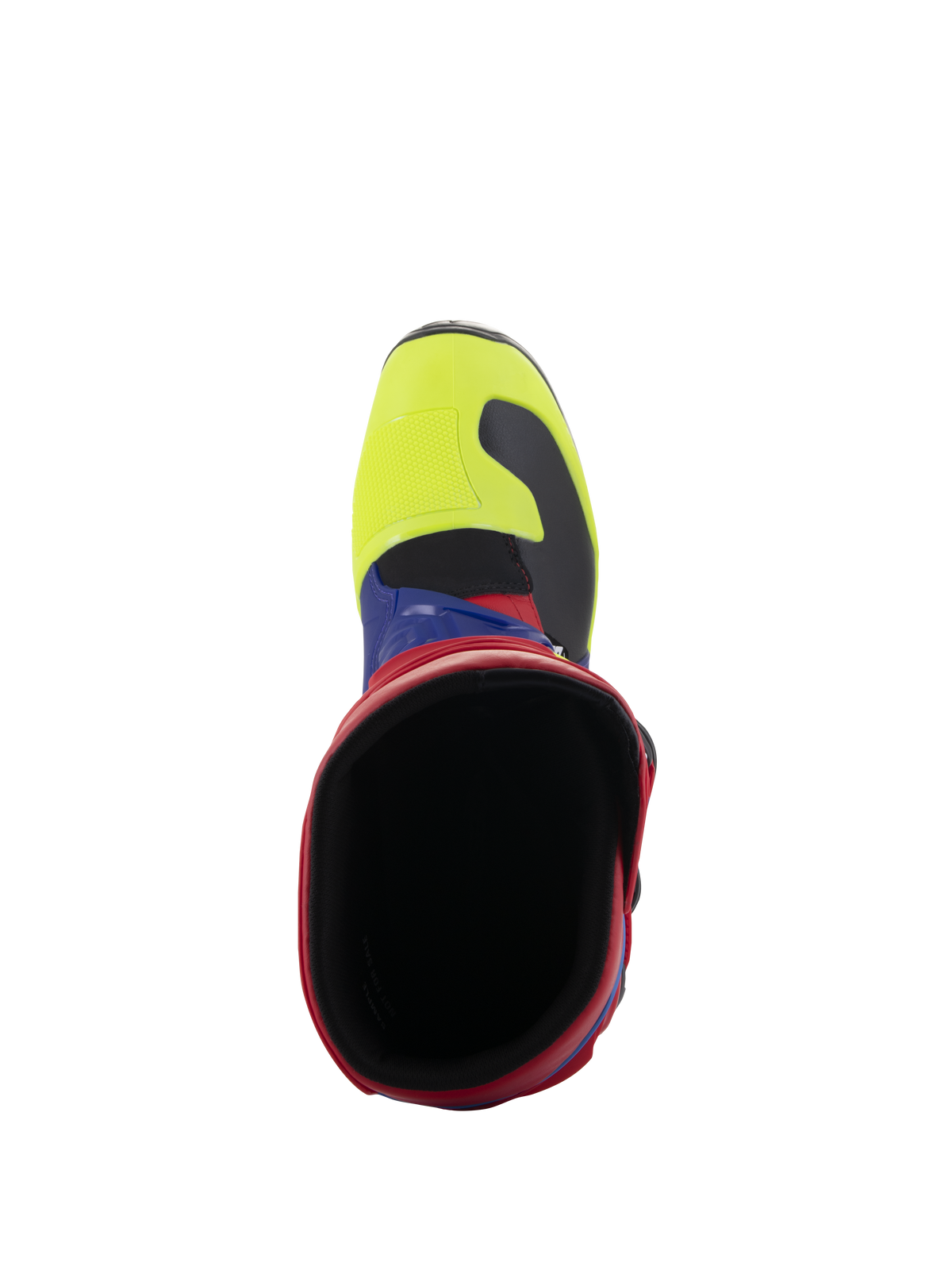 Stivali Alpinestars Tech 3, stivali da motocross, rosso acceso, blu scuro e giallo fluo, vista dall'alto verso l'interno dell'apertura dello stivale, con punta giallo fluo e colletto rosso, calzatura protettiva resistente per fuoristrada