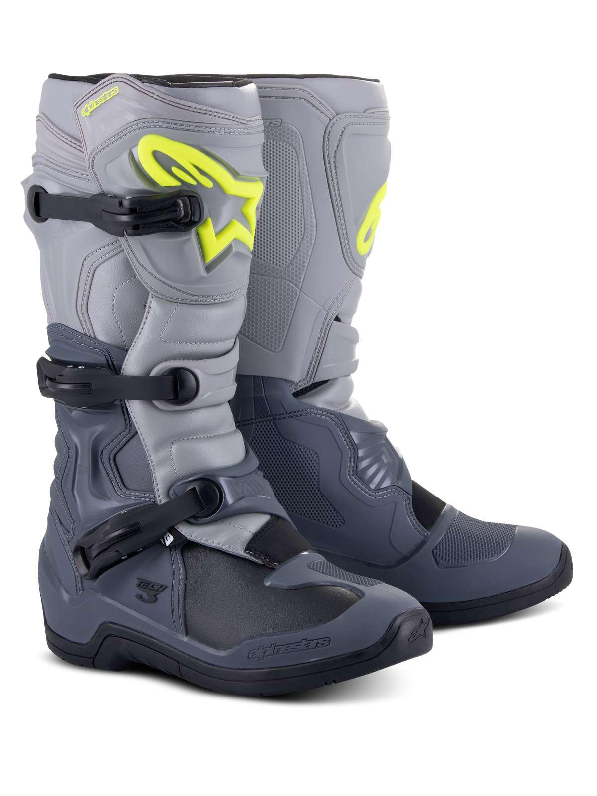 Alpinestars stivali Tech 3, stivali da motocross, grigio scuro, grigio chiaro e nero, con logo Alpinestars giallo fluorescente in evidenza, sistema di chiusura a tre fibbie e pannelli protettivi rinforzati per prestazioni fuoristrada