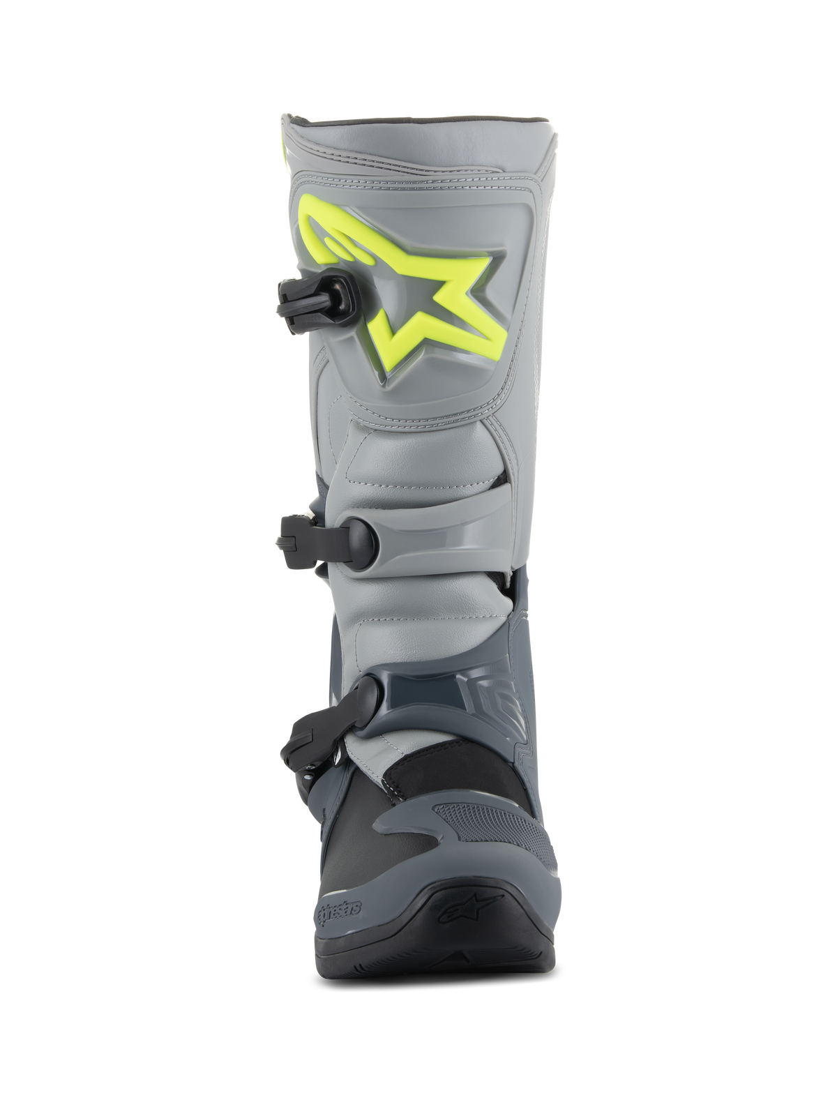 Alpinestars Tech 3 Boots, stivali da motocross, grigio scuro, grigio chiaro e nero, vista frontale con logo giallo brillante sulla placca tibiale, tre fibbie in polimero nero e guscio in TPU resistente per il racing off-road