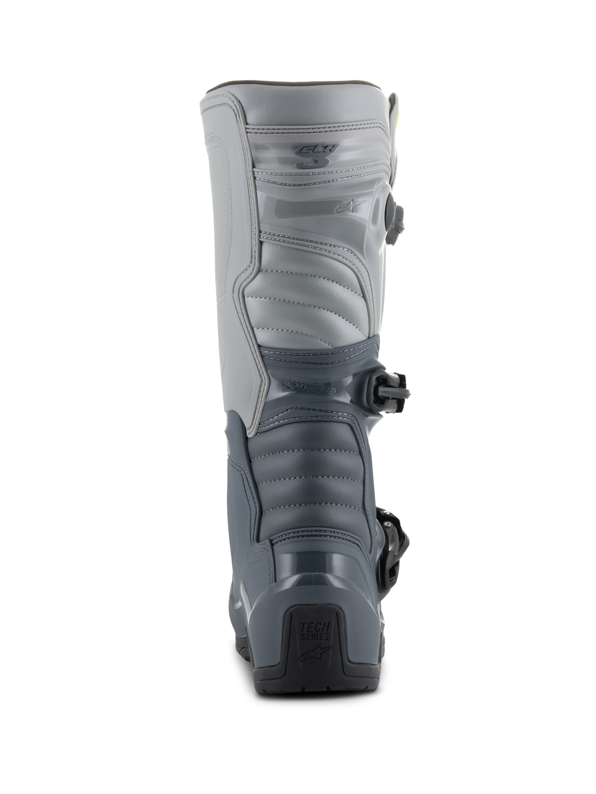 Alpinestars Tech 3 Boots, stivali da motocross, grigio scuro, grigio chiaro e nero, vista posteriore con resistenti piastre protettive in TPU, pannelli grigi segmentati e marchio 'Tech Series' sul tallone.