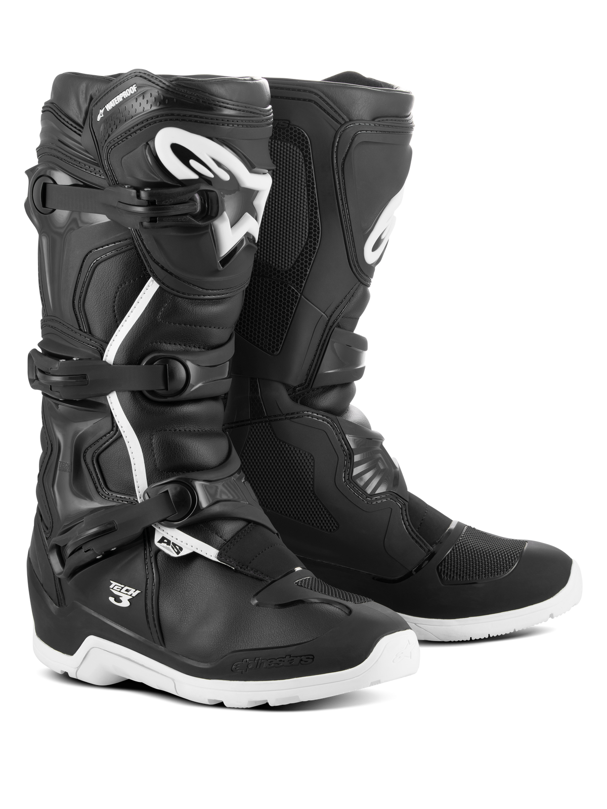 Stivali Alpinestars Tech 3 Enduro Waterproof, stivali da motocross e off-road, nero e bianco, sistema di chiusura a tre fibbie, logo in TPU bianco sullo stinco, protezioni rinforzate per caviglia e tallone, resistenti suole bianche