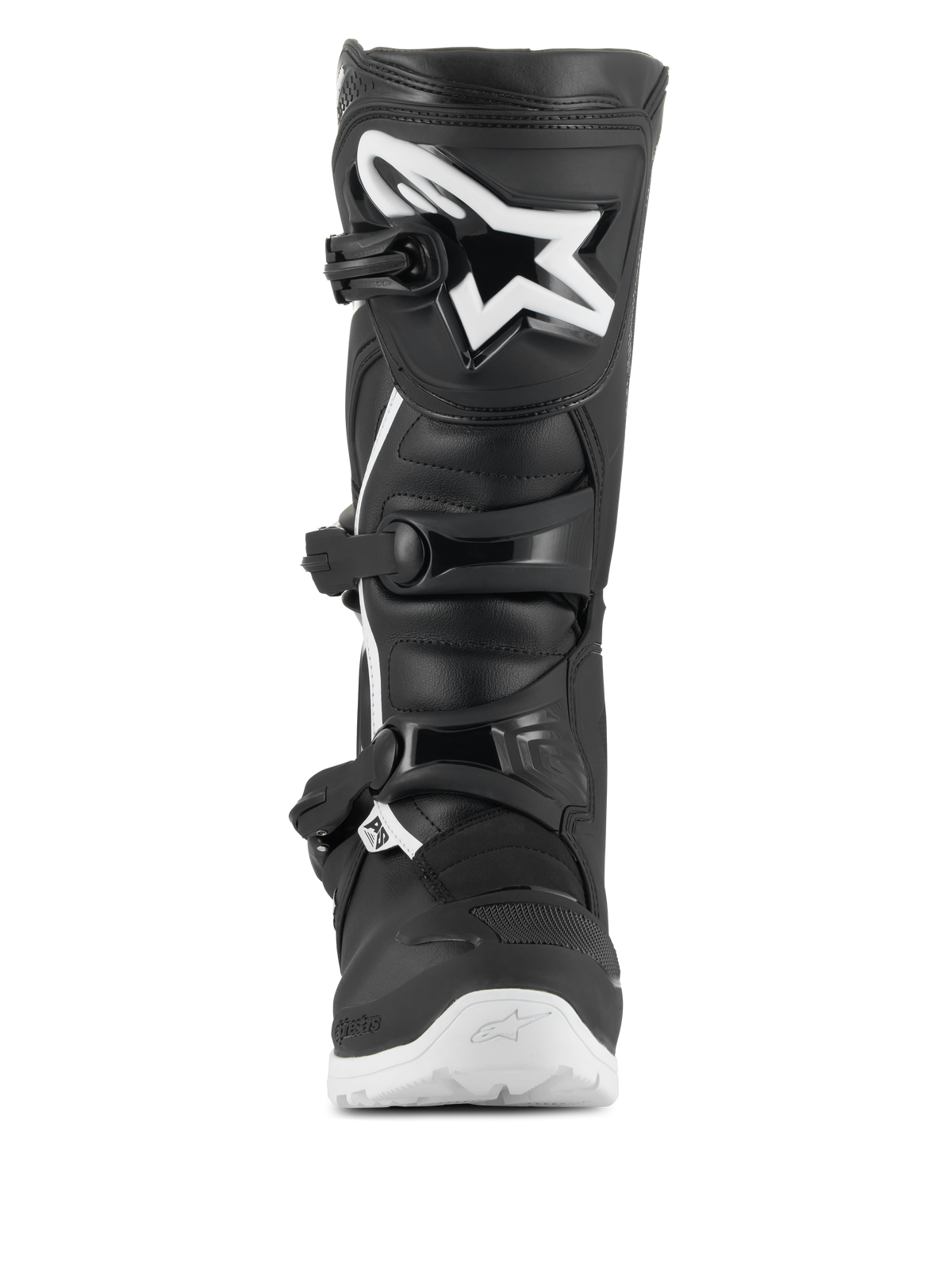 Stivali Alpinestars Tech 3 Enduro Waterproof, stivali da motocross ed enduro, nero e bianco, vista frontale con grande logo a stella bianco sulla piastra tibiale in TPU, sistema di chiusura a tre fibbie e robusta suola bianca per trazione fuoristrada.