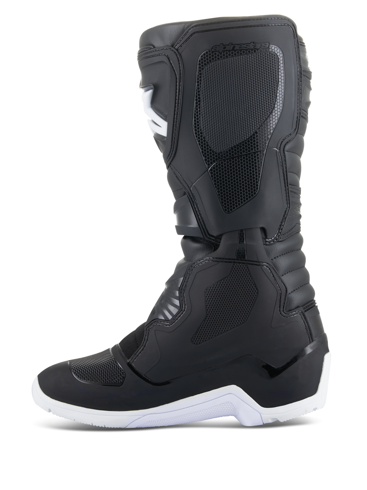 Alpinestars Tech 3 Enduro Waterproof Boots, stivali da motocross ed enduro, nero e bianco, vista di profilo laterale con pannelli protettivi testurizzati, suola bianca robusta e tomaia sintetica impermeabile per la guida off-road