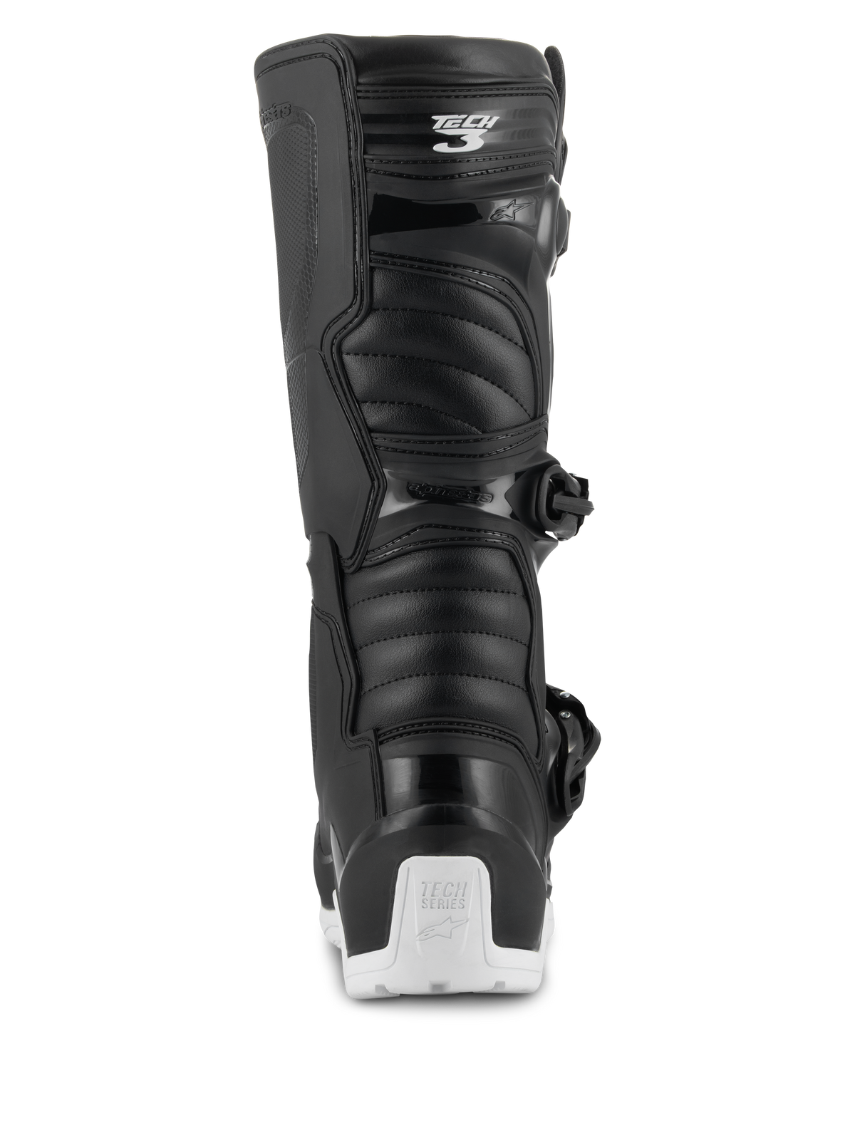 Stivali Alpinestars Tech 3 Enduro Waterproof, stivali da motocross ed enduro, nero e bianco, vista posteriore con logo Tech 3 sul polpaccio, pannelli flessibili a fisarmonica e protezione per il tallone bianca con marchio Tech Series, progettati per la guida fuoristrada e adventure