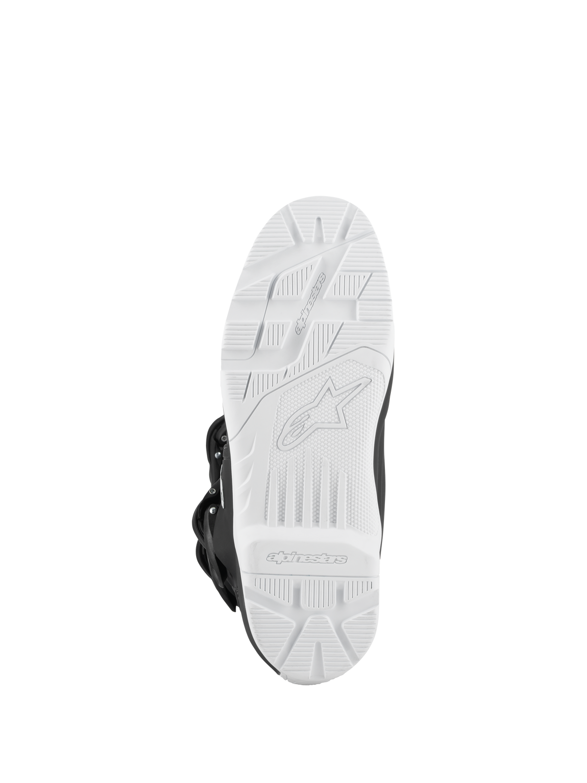 Alpinestars Tech 3 Enduro Waterproof Boots, nero e bianco, vista dal basso della suola bianca tassellata ad alta aderenza, battistrada per trazione off-road con logo in rilievo, suola esterna resistente progettata per prestazioni motocross ed enduro