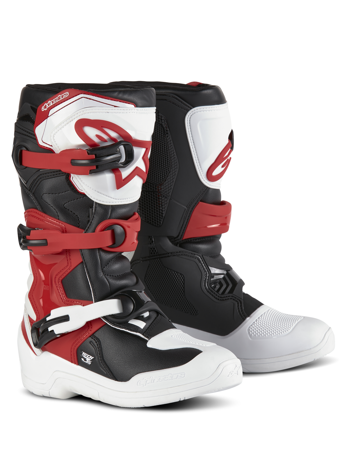 Stivali Alpinestars Youth Tech 3S, stivali da motocross, bianco, nero e rosso acceso, sistema di chiusura a tre fibbie, piastra tibiale in TPU con logo Alpinestars, resistente tomaia in microfibra e scafo rinforzato per prestazioni fuoristrada