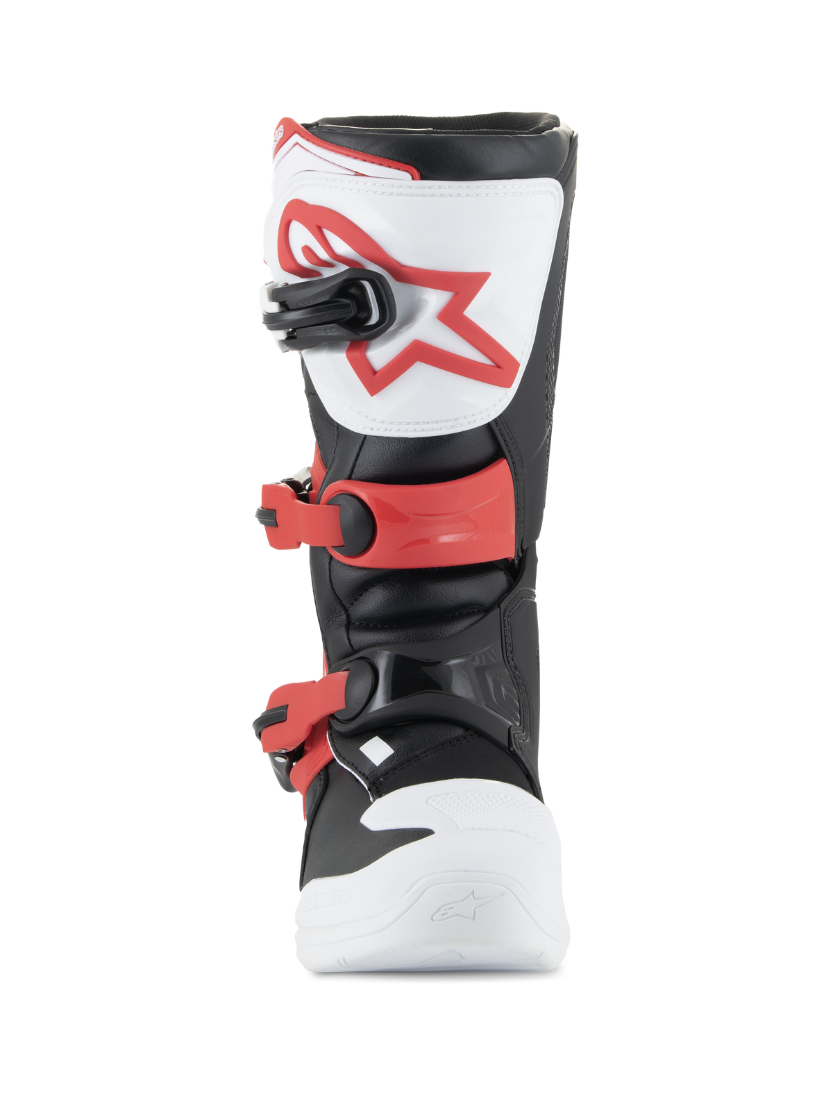 Stivali Alpinestars Youth Tech 3S, stivali da motocross, bianco, nero e rosso acceso, vista frontale con piastra parastinchi in TPU e logo rosso, fibbie rosse regolabili e struttura in microfibra resistente per giovani piloti