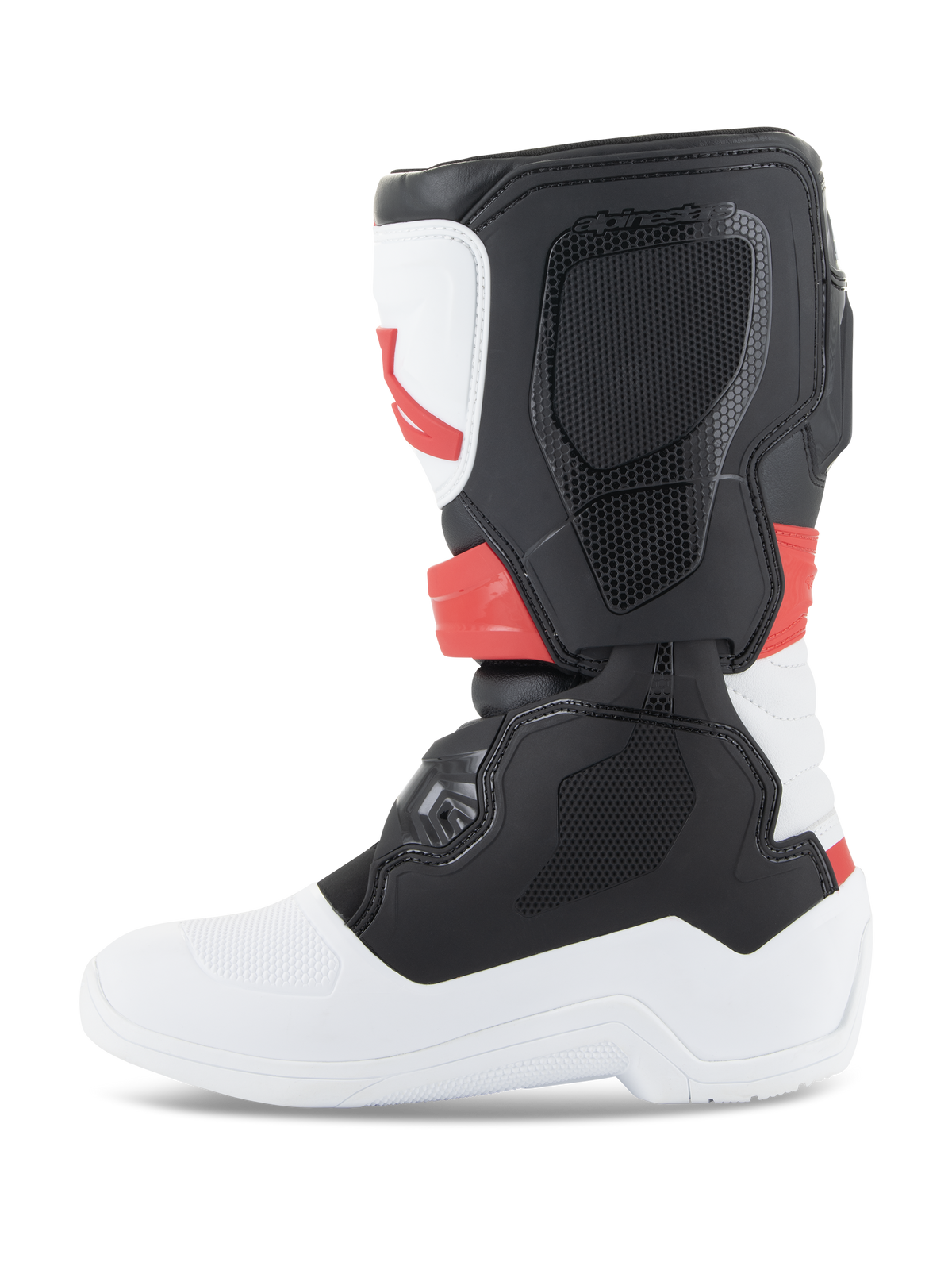 Stivali Alpinestars Youth Tech 3S, stivali da motocross, bianco, nero e rosso brillante, vista laterale, con pannelli protettivi in TPU resistenti e tomaia in microfibra, suola e punta bianche con sezione del polpaccio nera e dettagli rosso brillante, calzatura protettiva da fuoristrada per giovani piloti