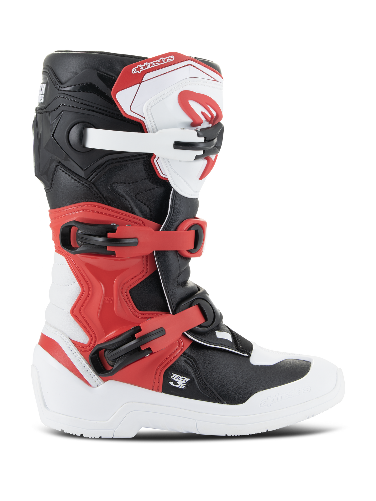 Stivali Alpinestars Youth Tech 3S, stivali da motocross, bianco, nero e rosso acceso, vista laterale, con sistema di chiusura a fibbie multiple, piastra tibiale rinforzata e suola bianca resistente, equipaggiamento protettivo da fuoristrada per ragazzi