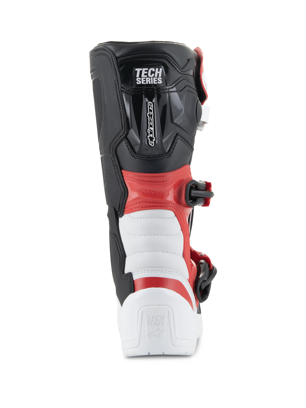 Stivali Alpinestars Youth Tech 3S, stivali da motocross, bianco, nero e rosso acceso, vista posteriore con logo 'TECH SERIES', protezione rinforzata su tallone e polpaccio, robusta struttura in microfibra per gare fuoristrada
