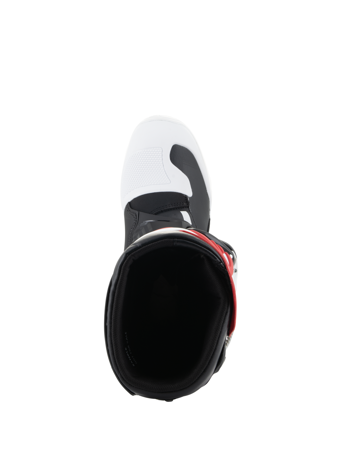 Alpinestars Youth Tech 3S Boots, stivali da motocross, bianco, nero e rosso acceso, vista dall'alto verso l'interno dello stivale, con punta bianca, accenti neri e cinturino rosso, progettati per giovani piloti