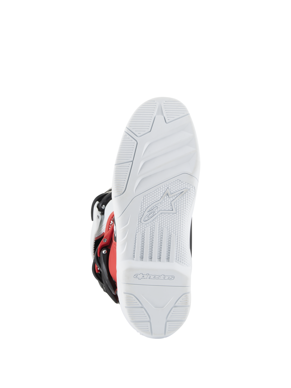 Stivali Alpinestars Youth Tech 3S, stivali da motocross, bianco, nero e rosso acceso, vista della suola con battistrada bianco strutturato, logo e marchio Alpinestars stampati, suola resistente per prestazioni fuoristrada