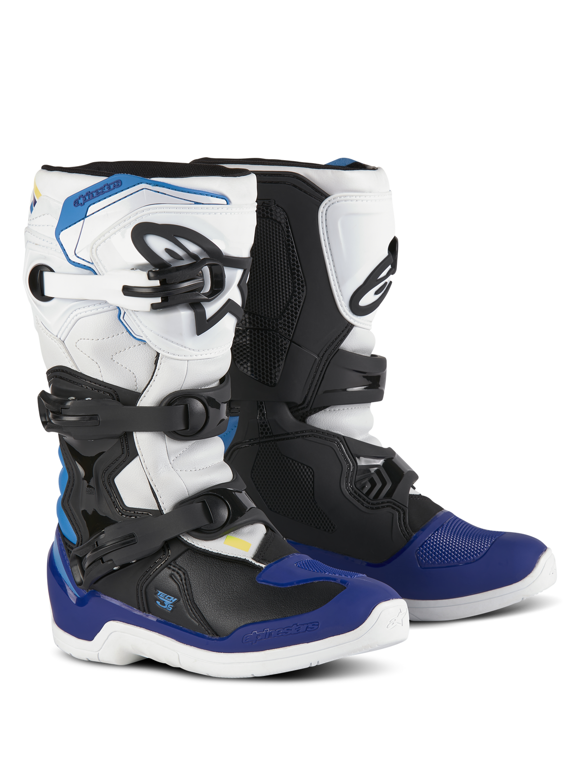 Alpinestars Youth Tech 3S Boots, stivali da motocross, bianco, nero e blu smalto, con sistema di chiusura a fibbie multiple, zone di grip testurizzate e suole bianche, stivali da moto protettivi e resistenti per giovani piloti