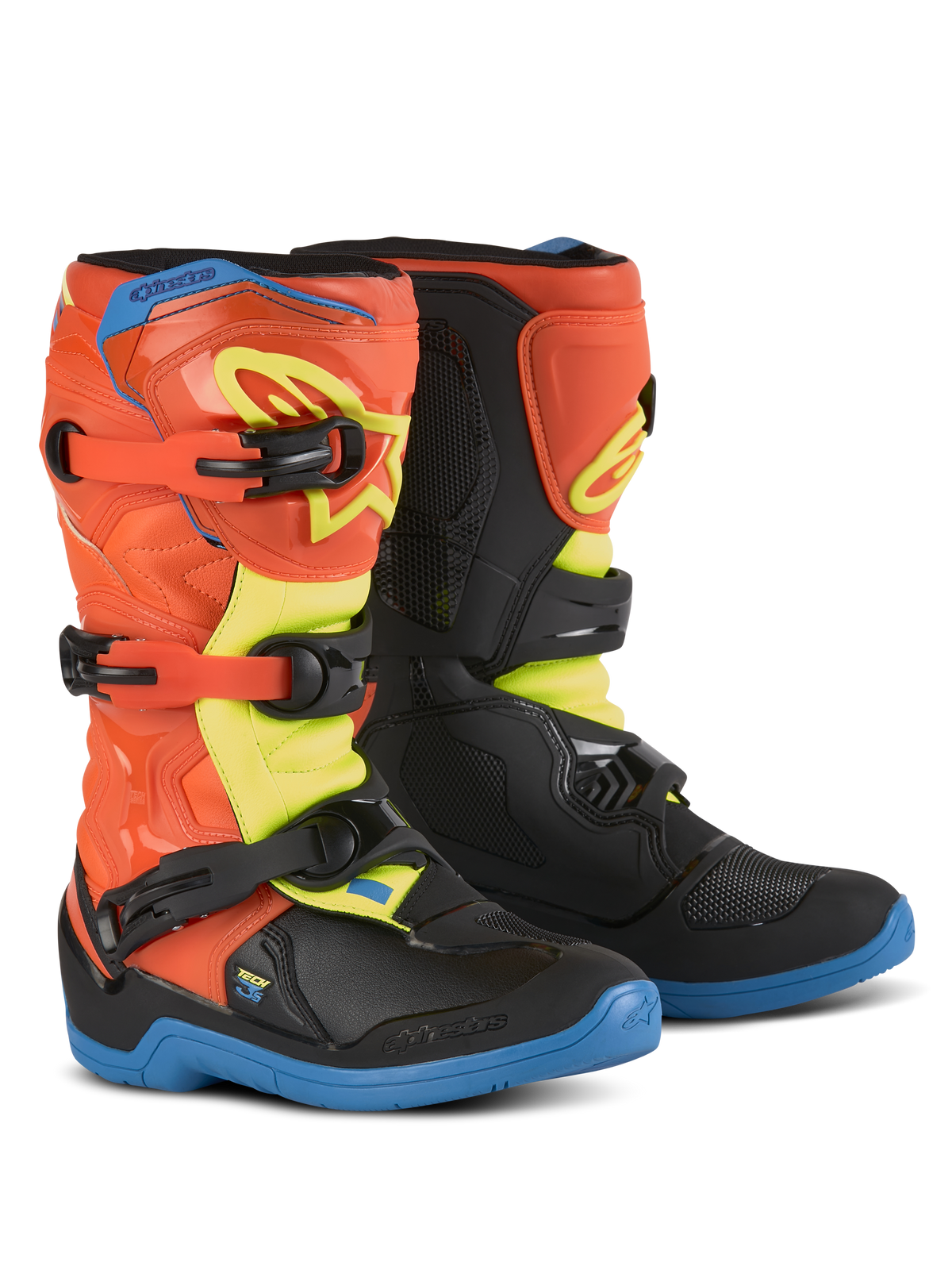 Alpinestars Youth Tech 3S Boots, stivali da motocross per ragazzi, arancione fluo, blu smalto e giallo fluo, suole blu, sistema di chiusura a tre fibbie, placche parastinchi protettive in TPU, attrezzatura per guida off-road