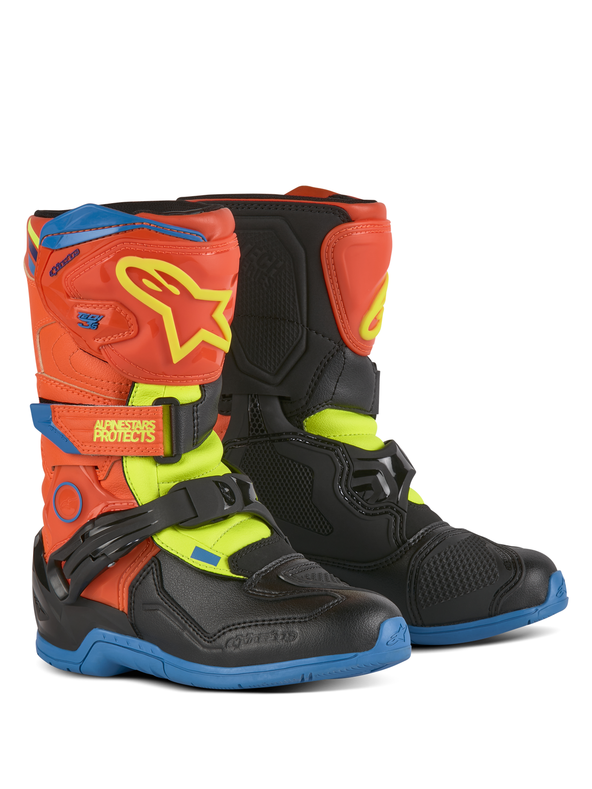 Stivali Alpinestars Kids Tech 3S, stivali da motocross, arancione fluo, blu smalto e giallo fluo con nero, con chiusure a strappo, placca tibiale in TPU e suole in gomma resistenti per la guida fuoristrada dei giovani.