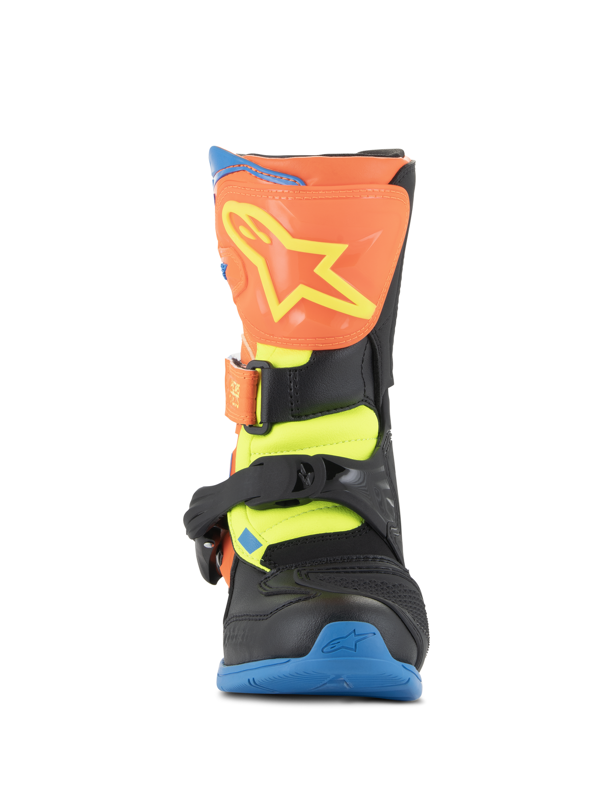 Stivali Alpinestars Kids Tech 3S, stivali da motocross, arancione fluo, blu enamel e giallo fluo, vista frontale con piastra tibiale arancione e logo a stella giallo, chiusure con fibbie nere e suola blu, calzatura protettiva da fuoristrada per giovani piloti