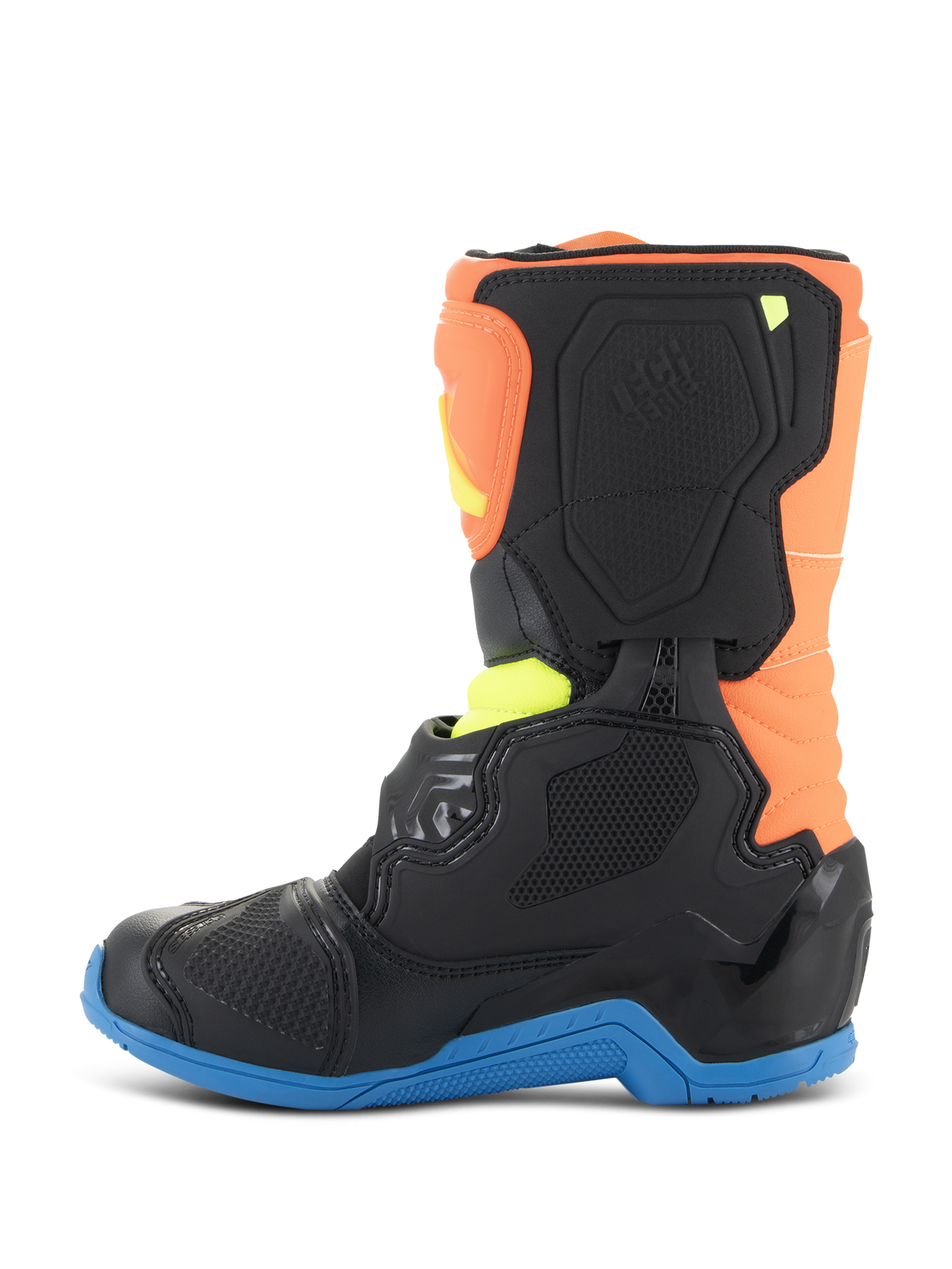 Stivali Alpinestars Kids Tech 3S, stivali da motocross, arancione fluo, blu enamel e giallo fluo, vista laterale con pannelli protettivi neri, suola blu e tomaia arancione, progettati per corse fuoristrada per ragazzi