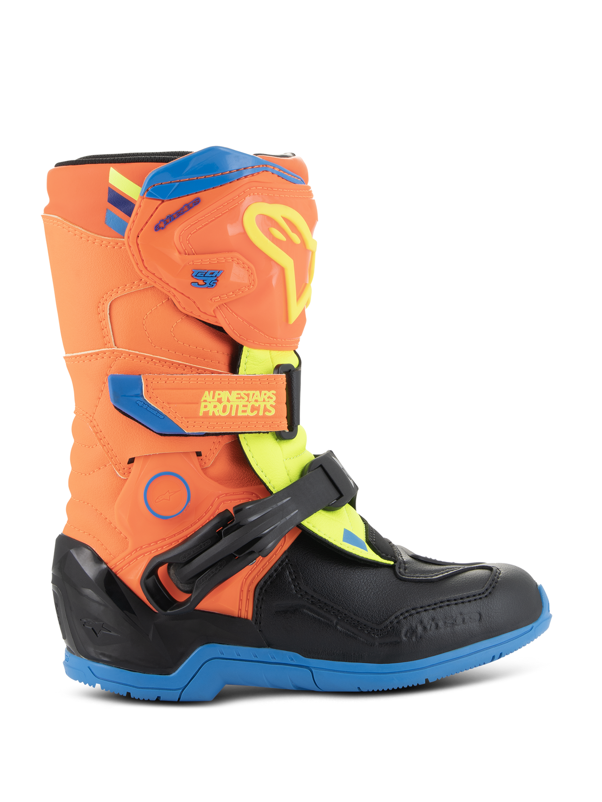 Alpinestars Kids Tech 3S Boots, stivali da motocross per ragazzi, arancione fluo, blu smalto e giallo fluo, con piastra tibiale protettiva in TPU, cinturini a strappo regolabili e resistente suola in gomma blu, progettati per corse fuoristrada.