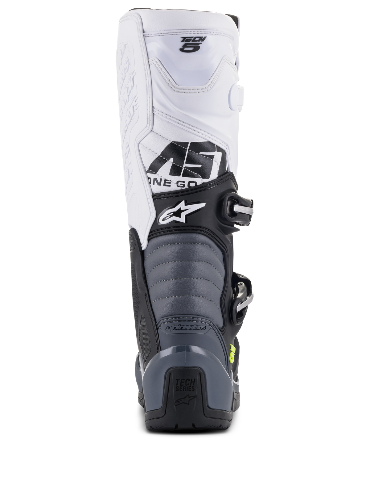 Alpinestars Tech 5 Boots, stivali da motocross, nero, grigio scuro e bianco, vista posteriore che mostra la tomaia bianca con marchio Tech 5, zone di flessione a fisarmonica grigie e protezione del tallone nera con logo Tech Series