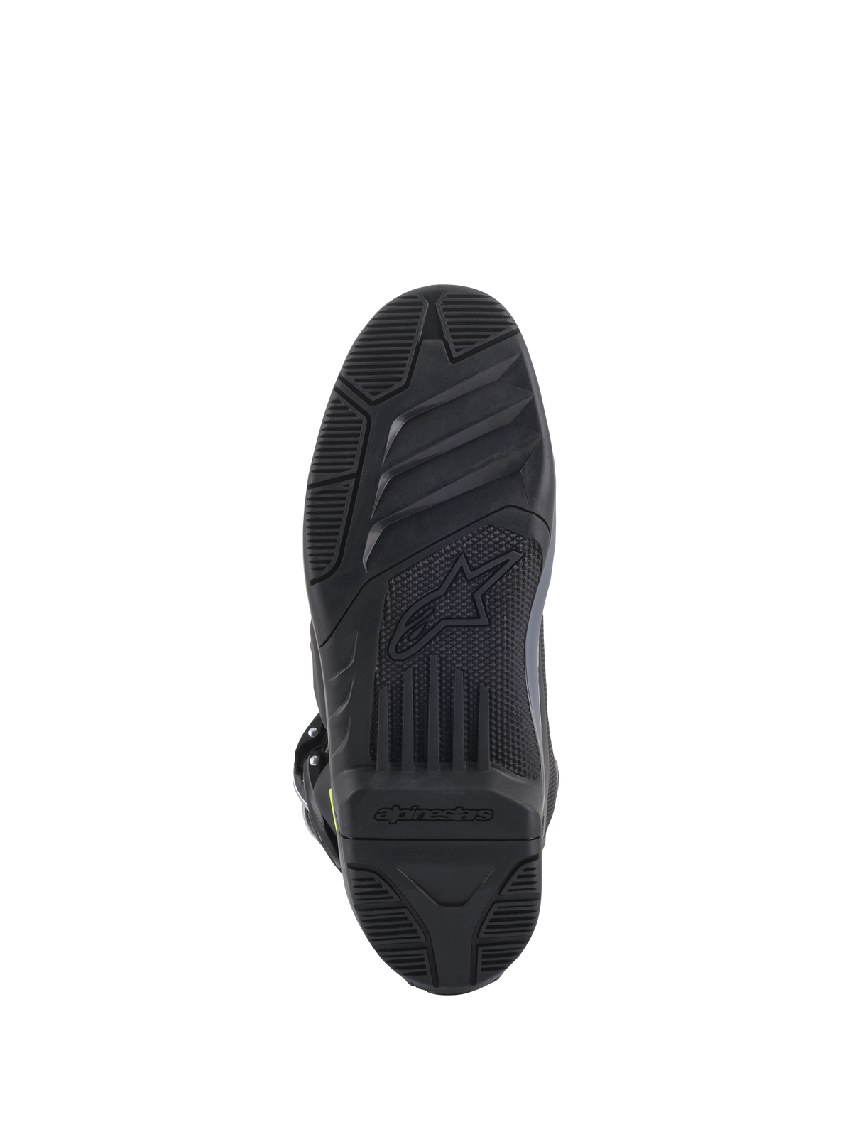 Stivali Alpinestars Tech 5, vista della suola, nero, motivo del battistrada testurizzato per aderenza fuoristrada, con logo Alpinestars e simbolo della stella in rilievo, struttura resistente per calzature da motocross