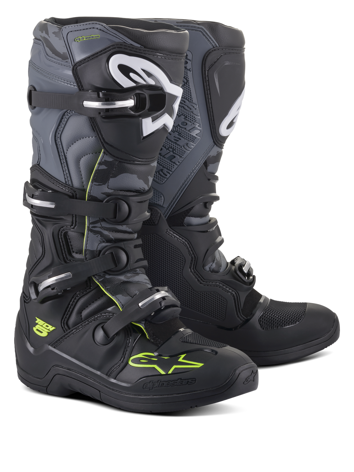 Stivali Alpinestars Tech 5, stivali da motocross e off-road, nero, grigio freddo e giallo fluo, sistema di chiusura a quattro fibbie, loghi bianchi sulla tibia e accenti giallo neon, struttura in microfibra resistente per prestazioni off-road