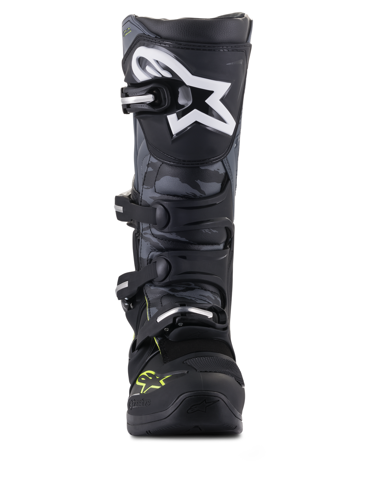 Alpinestars stivali Tech 5, stivali da motocross, nero e grigio con giallo fluo, vista frontale con pannelli camo e logo a stella