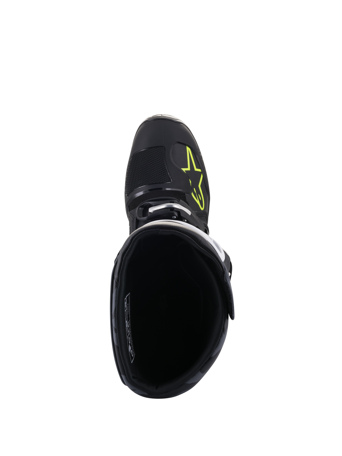 Stivali Alpinestars Tech 5, vista dall'alto, neri con logo giallo fluo sulla punta, mostra la fodera interna e la chiusura a fibbia, calzature da motocross e fuoristrada ad alte prestazioni