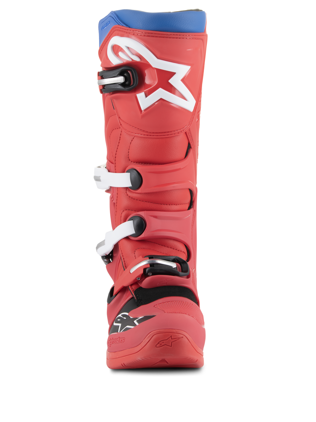 Alpinestars Tech 5 Boots, stivali da motocross, rosso vivace e blu alpino, vista frontale con grande logo a stella bianco sullo stinco, sistema di chiusura a fibbie multiple e robusto design in microfibra per prestazioni fuoristrada