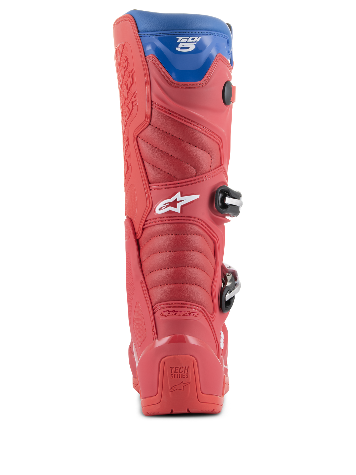 Alpinestars Tech 5 Boots, stivali da motocross, rosso acceso, rosso scuro e blu alpino, vista posteriore che mostra il tallone, zone di flessione a soffietto e ghetta superiore blu, con fibbie e marchio visibili