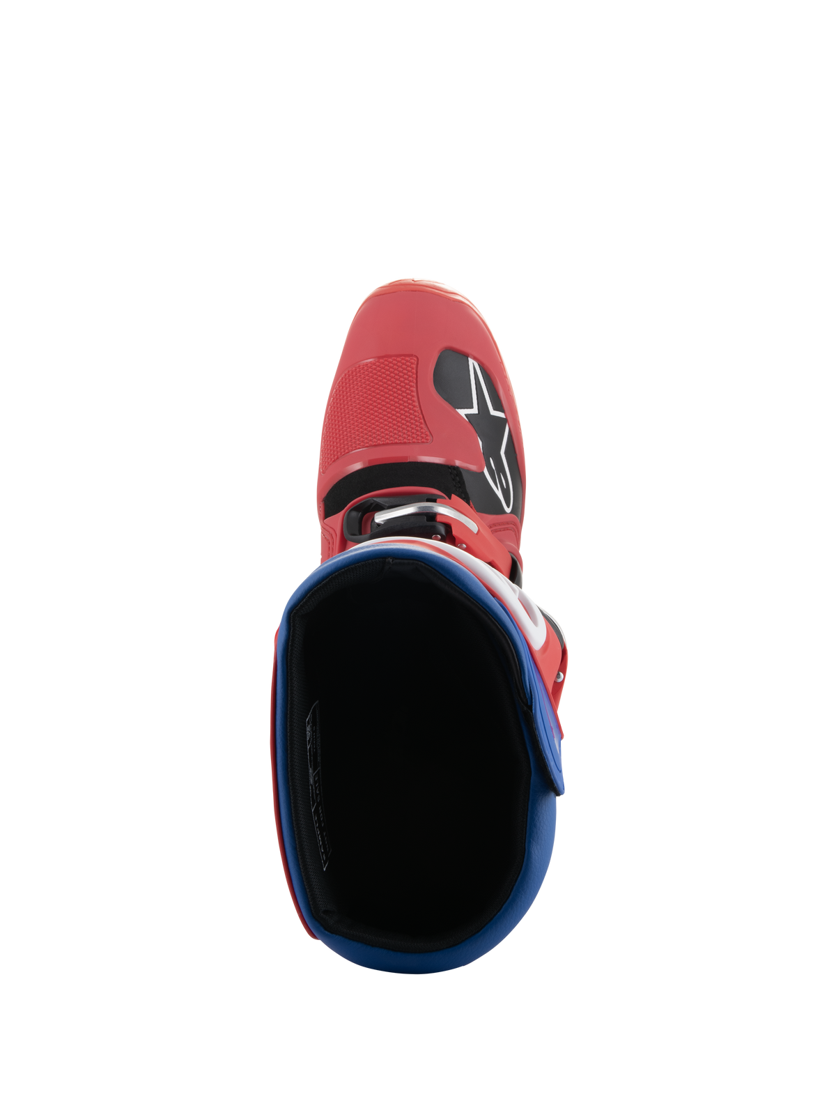 Stivali Alpinestars Tech 5, stivali da motocross, rosso brillante e blu Alpine, vista dall'alto dell'interno dello stivale, punta in microfibra rossa con logo Alpinestars, colletto imbottito blu, design resistente per corse off-road