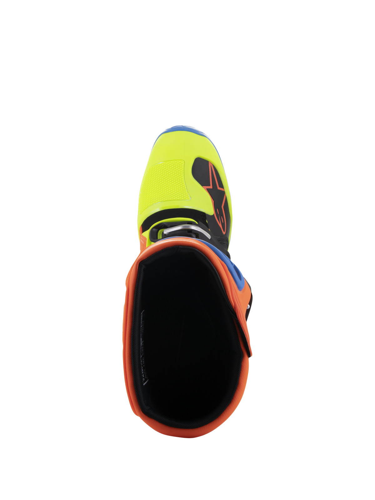 Stivali Alpinestars Tech 5, vista dall'alto dell'apertura, con colletto arancione fluo e punta giallo fluo, fodera interna nera, calzature resistenti per motocross e fuoristrada