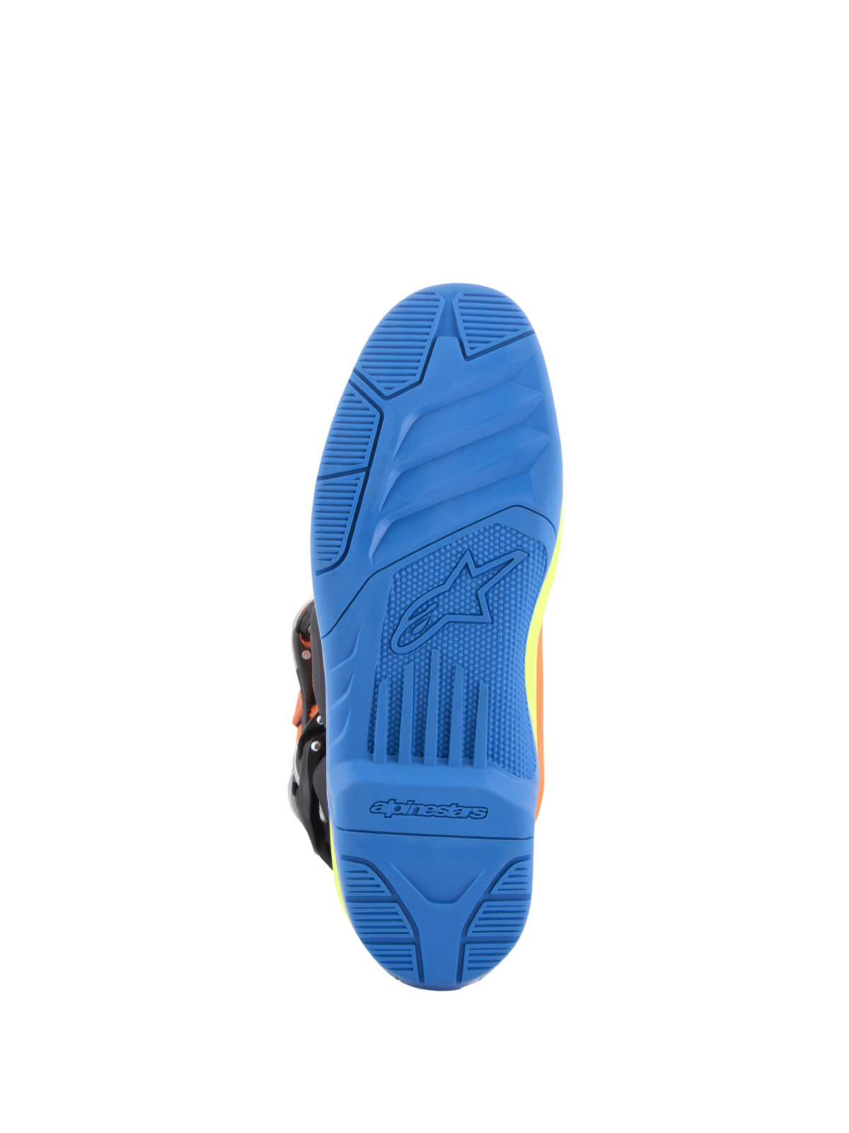 Stivali Alpinestars Tech 5, stivali da motocross, arancione fluo, blu smalto e giallo fluo, vista dettagliata dal basso della suola blu a doppia mescola con grip testurizzato e marchio Alpinestars