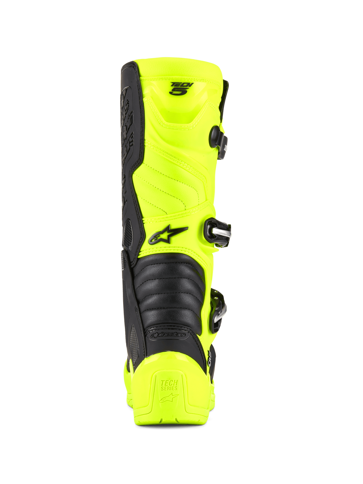 Stivali Alpinestars Tech 5, stivali da motocross e off-road, giallo fluo e nero, vista posteriore con protezione del tallone, sistema di chiusura a fibbie e zone di flessione a fisarmonica, design professionale per calzature da gara
