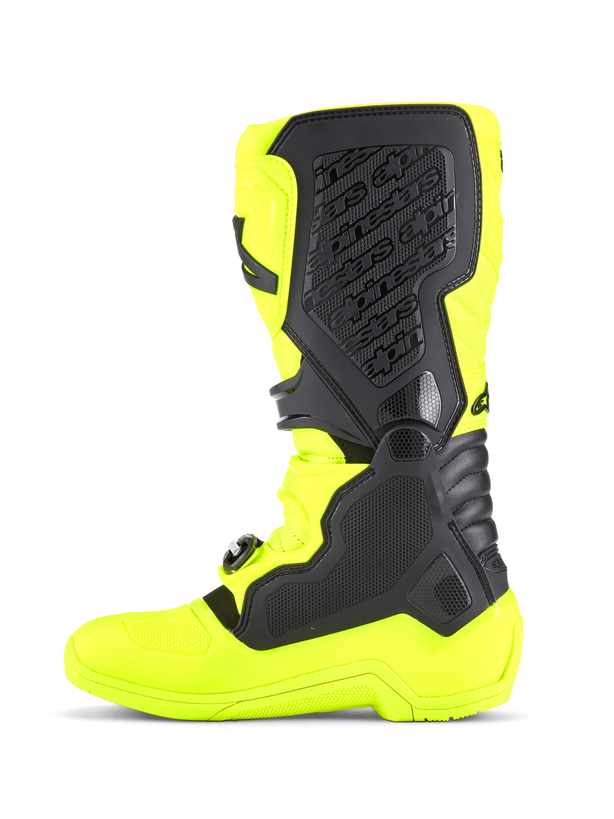 Stivali Alpinestars Tech 5, stivali da motocross, giallo fluo e nero, con vista laterale della struttura in microfibra resistente, pannelli protettivi in TPU e sistema di pivot biomeccanico mediale per la guida fuoristrada.