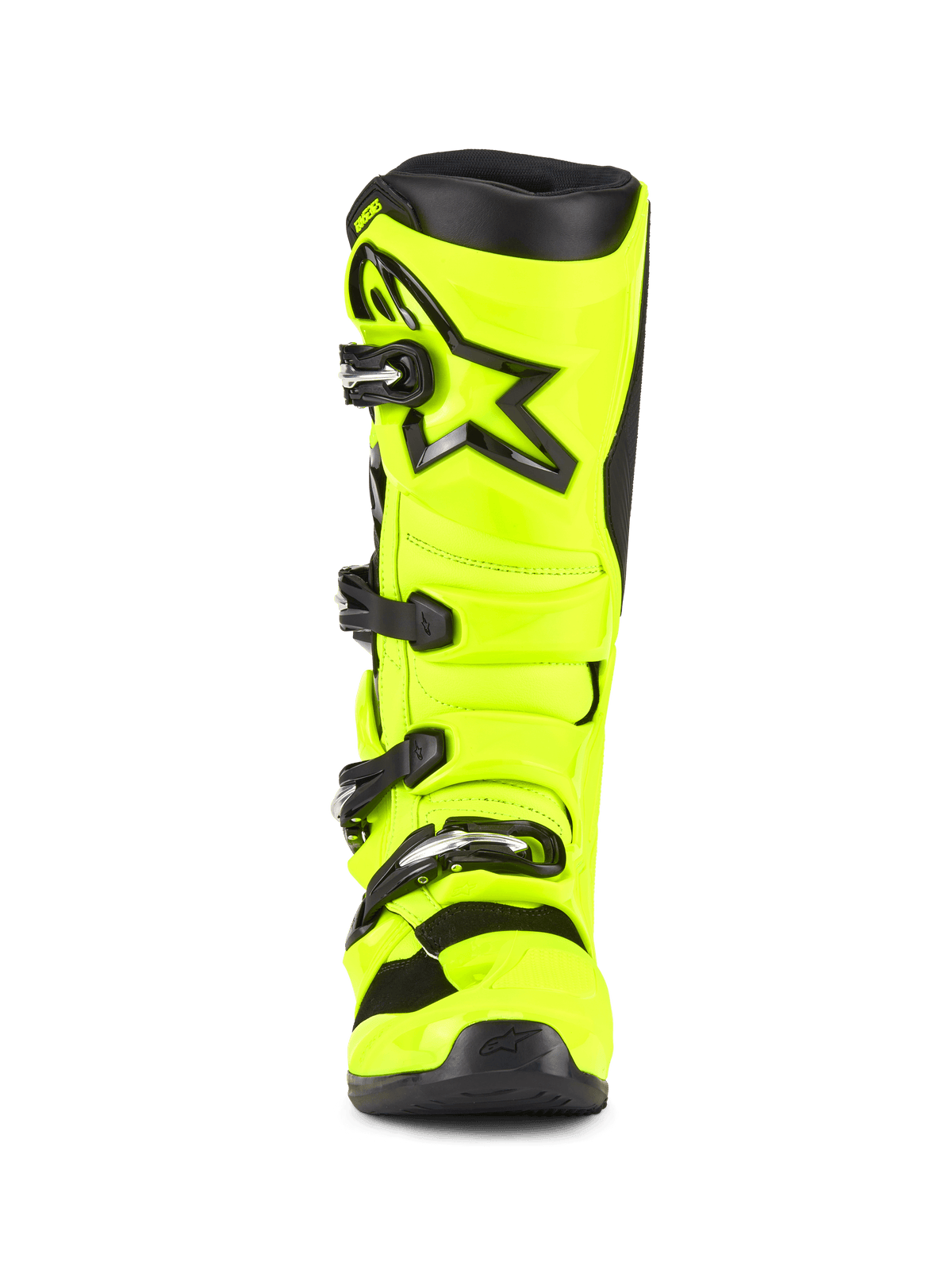 Stivali Alpinestars Tech 5, stivali da motocross, giallo fluo e nero, vista frontale con sistema di chiusura a quattro fibbie, placca tibiale rinforzata con logo a stella nero e robusta costruzione multi-materiale per corse fuoristrada