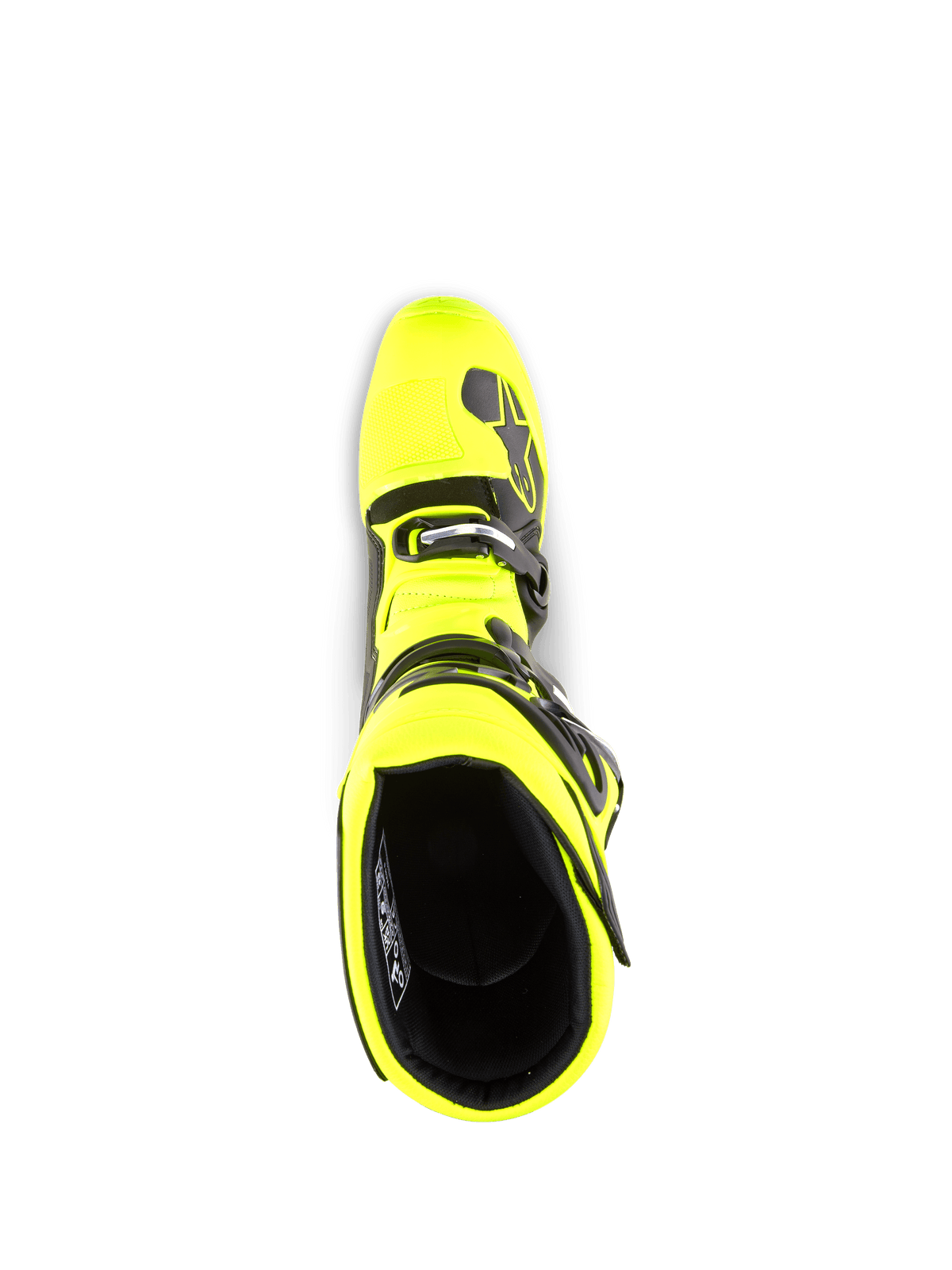 Stivali Alpinestars Tech 5, stivali da motocross, giallo fluo e nero, vista dall'alto dell'apertura dello stivale, fodera interna nera, sistema di chiusura a fibbia e dettagli del marchio, progettati per prestazioni off-road
