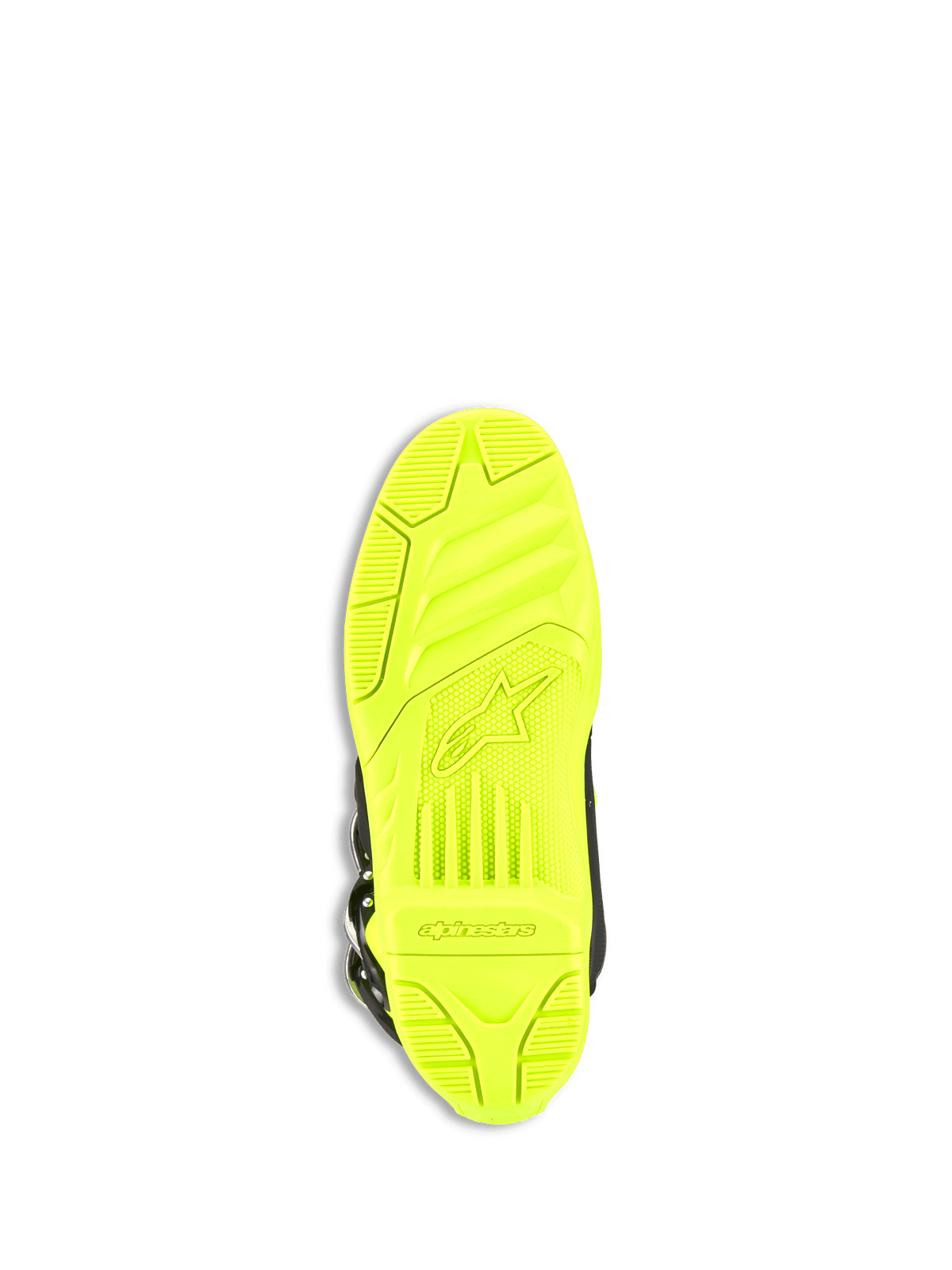 Stivali Alpinestars Tech 5, stivali da motocross, giallo fluo, vista inferiore della suola caratterizzata da una trama testurizzata ad alta aderenza, logo e marchio Alpinestars in rilievo, costruzione durevole a doppia mescola per la guida off-road