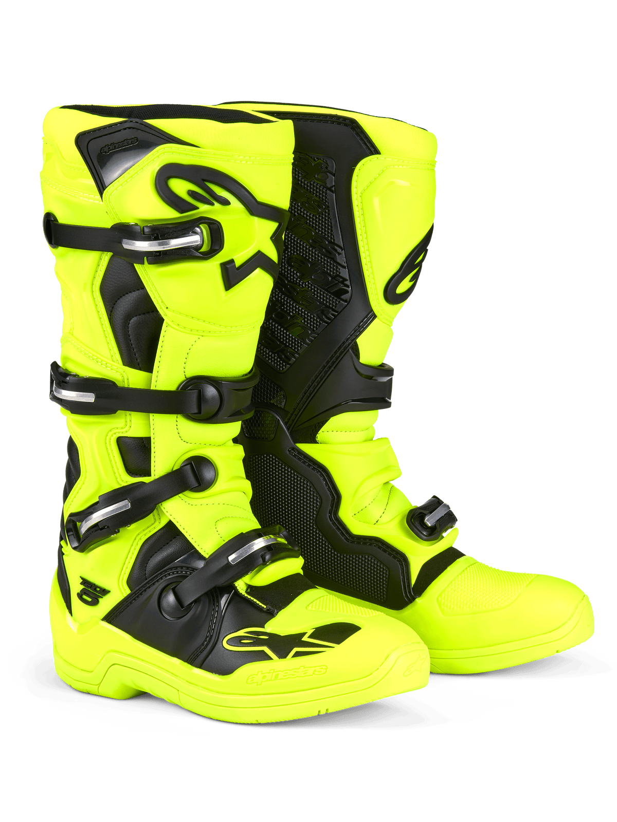 Stivali Alpinestars Tech 5, stivali da motocross, giallo fluo e nero, con sistema di chiusura a fibbie multiple e componenti argentati, pannelli protettivi neri e loghi Alpinestars su parastinchi e punta, progettati per prestazioni off-road.