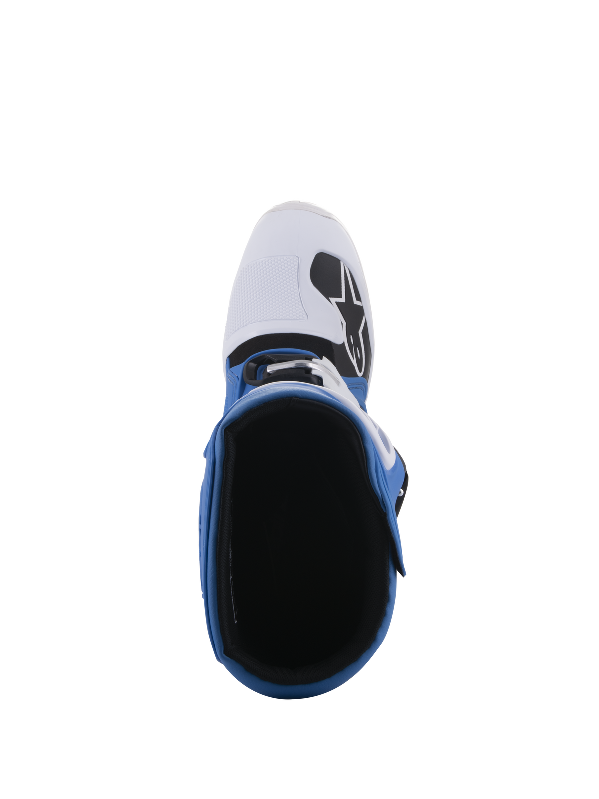 Stivali Alpinestars Tech 5, blu e bianco, vista dall'alto che mostra la fodera interna e la punta bianca con logo nero, costruzione multi-pannello per gare di motocross e fuoristrada