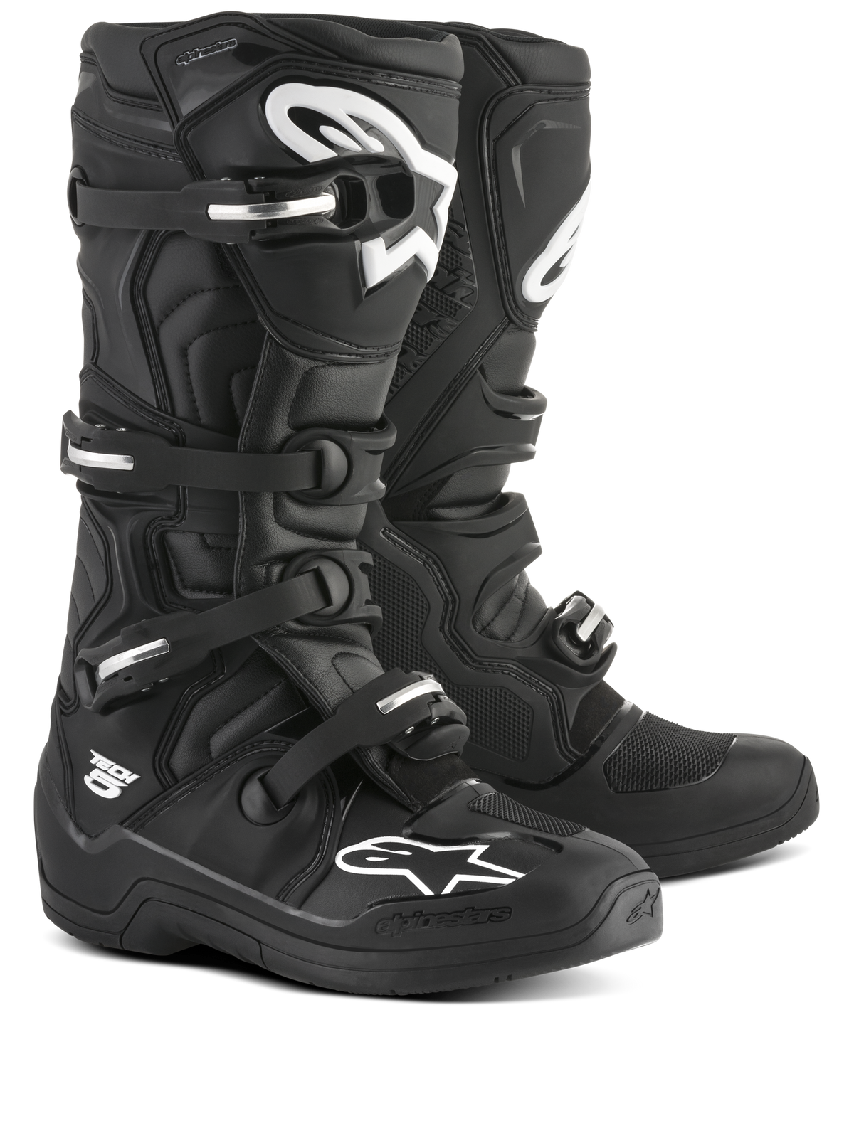 Alpinestars Stivali Tech 5, stivali da motocross nero e bianco, sistema di fibbie in alluminio, pivot biomeccanico e protezione in TPU, certificati CE, calzature off-road per prestazioni e sicurezza
