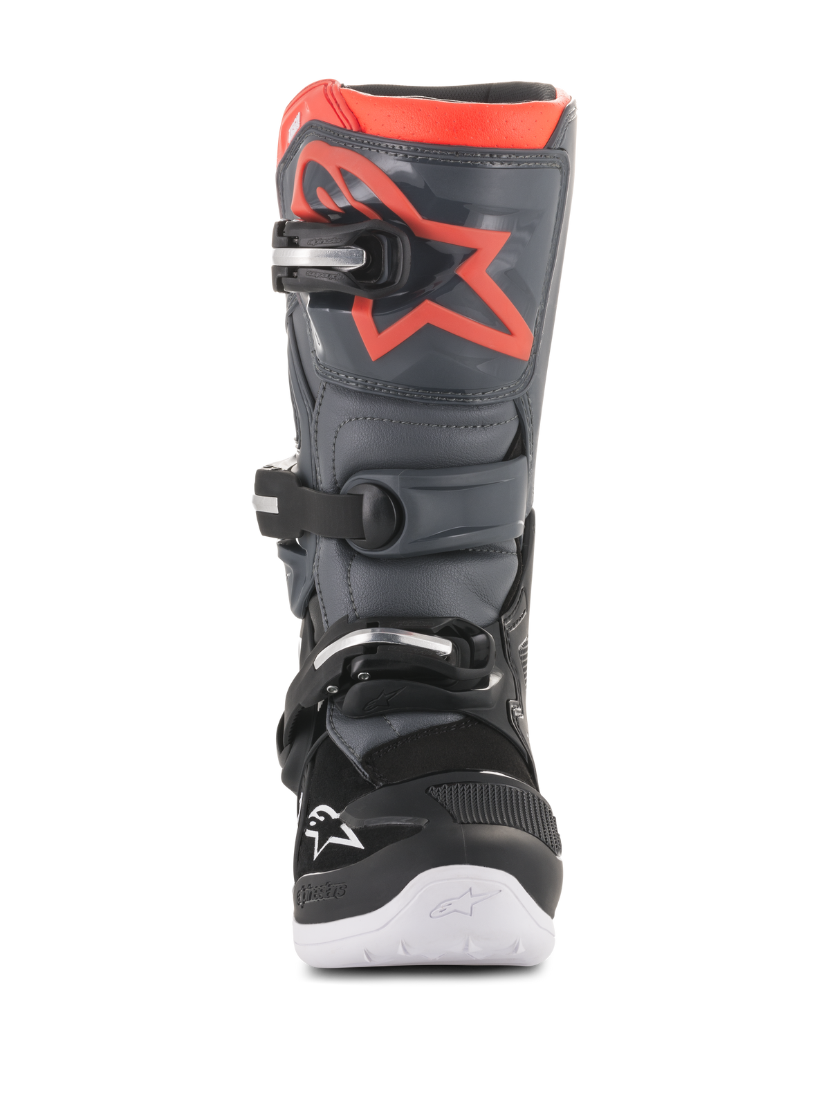 Stivali Alpinestars Youth Tech 7S, stivali da motocross, nero e grigio scuro con accenti rosso fluorescente, vista frontale, con placca tibiale in TPU e logo a stella rosso, sistema di chiusura a tre fibbie e suola integrata bianca, equipaggiamento protettivo resistente per fuoristrada