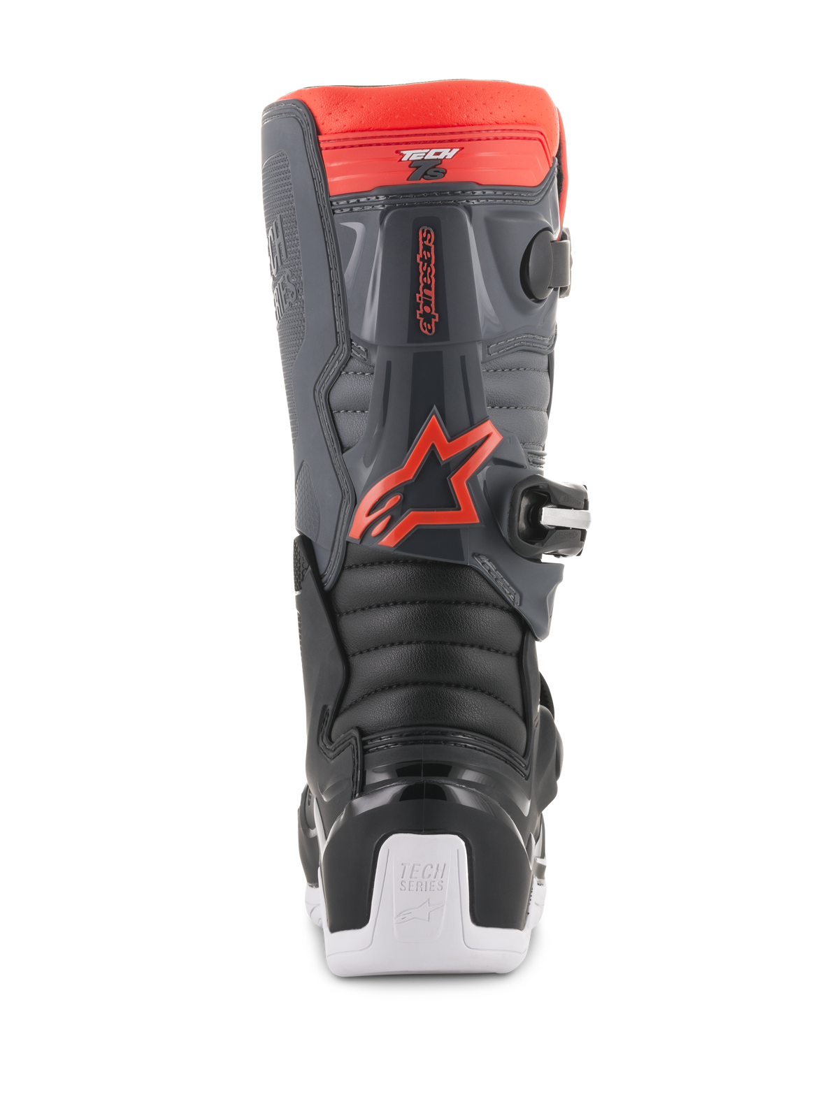 Stivali Alpinestars Youth Tech 7S, stivali da motocross, nero, grigio scuro e rosso fluorescente, vista posteriore con pannelli di protezione in TPU, logo Alpinestars rosso fluorescente e accenti della suola bianchi, calzatura protettiva durevole per fuoristrada.
