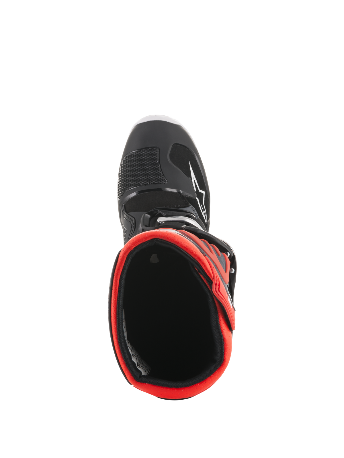 Stivali Alpinestars Youth Tech 7S, stivali da motocross, nero e rosso fluorescente, vista dall'alto verso l'interno della fodera rossa, con guscio esterno nero, logo a stella bianco e struttura sintetica resistente