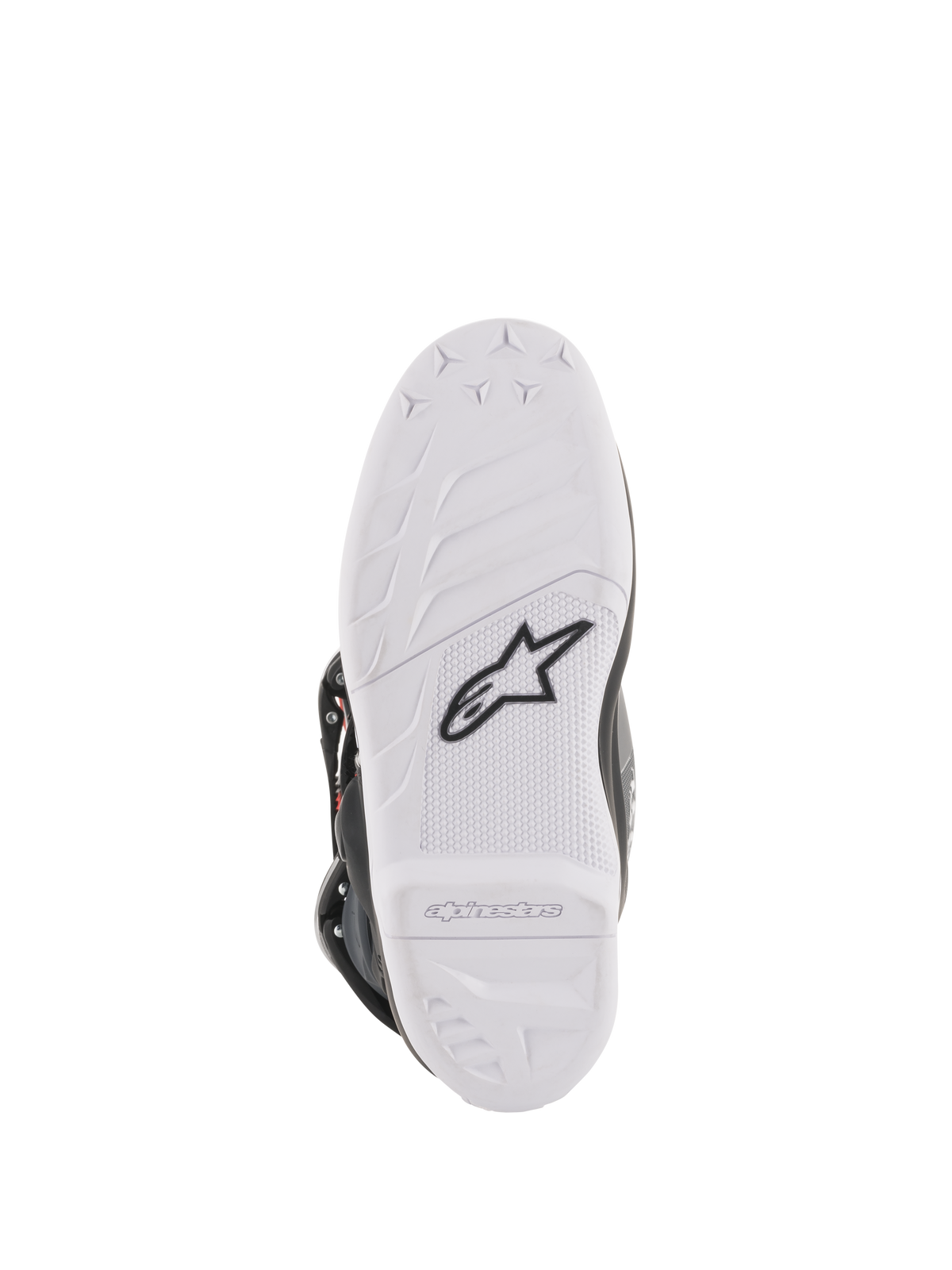 Stivali Alpinestars Youth Tech 7S, stivali da motocross, vista della suola bianca con logo a stella Alpinestars nero e marchio in rilievo, struttura in mescola resistente con motivo di aderenza ad alte prestazioni