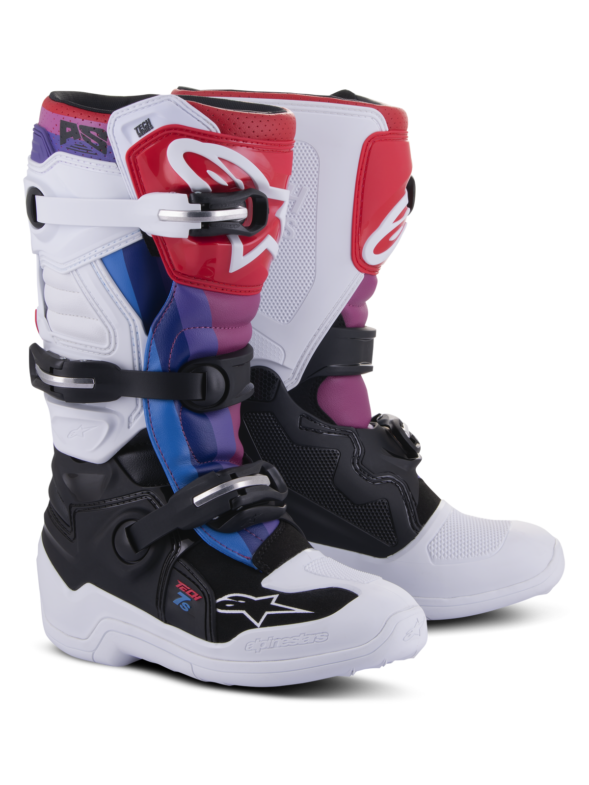 Alpinestars Youth Tech 7S Boots, stivali da motocross, bianco nero rainbow, caratterizzati da una base bianca e nera con accenti rossi, blu e viola, sistema di chiusura multi-fibbia e piastra parastinchi protettiva per gare fuoristrada