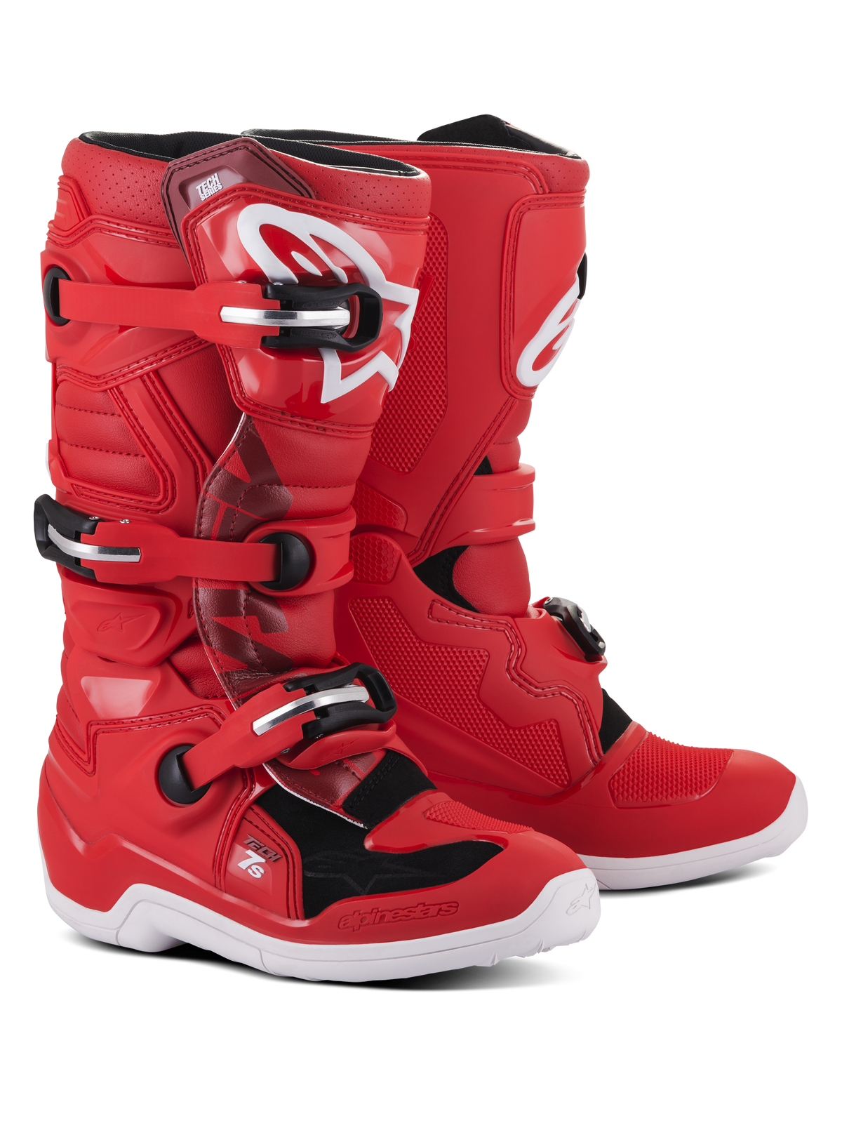 Alpinestars Youth Tech 7S Boots, stivali da motocross rossi con accenti bianchi e neri, dotati di sistema di chiusura a tre fibbie, logo Alpinestars bianco sullo stinco e suola bianca resistente