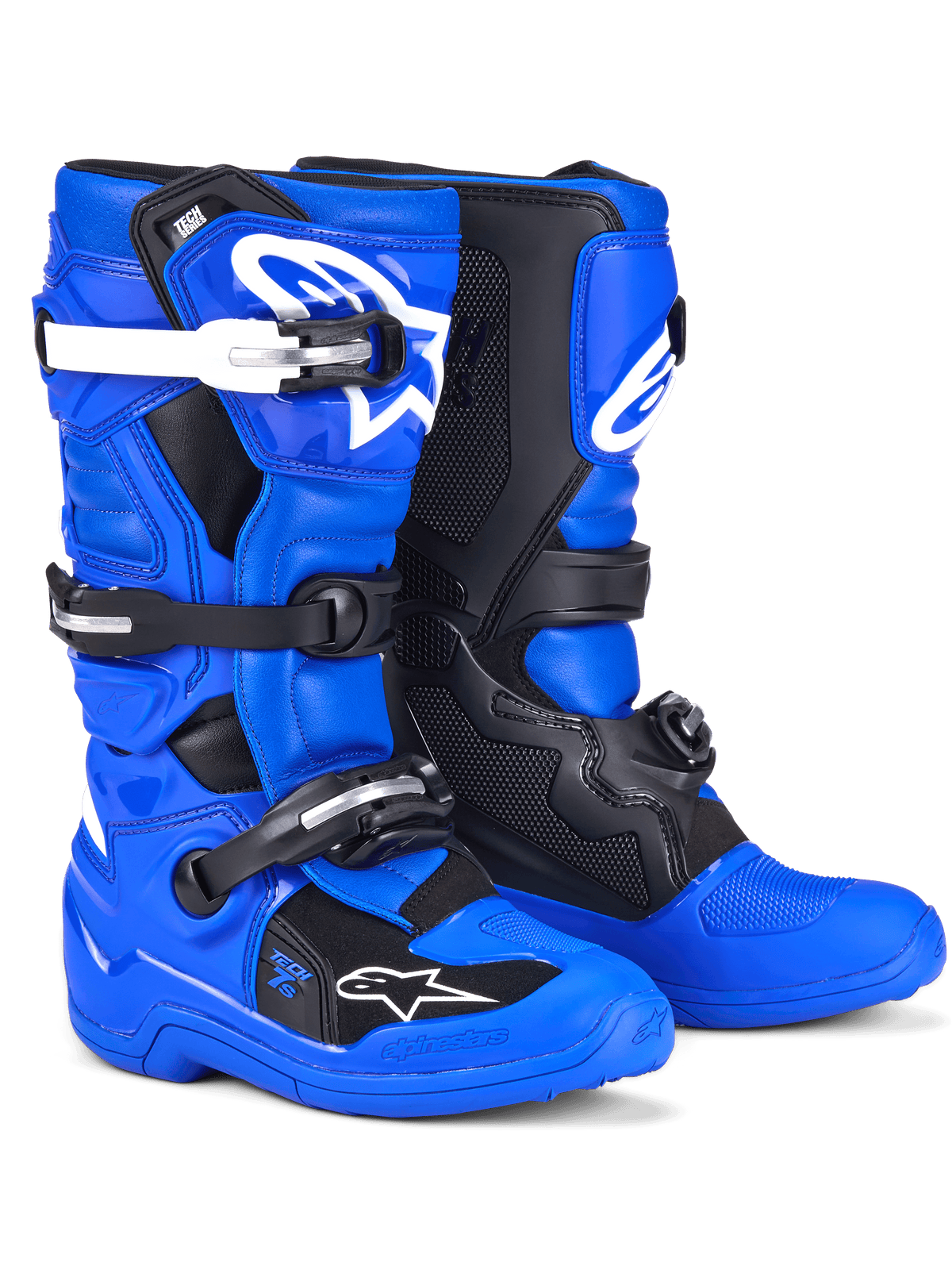 Alpinestars Stivali Youth Tech 7 S, stivali da motocross, blu, nero e bianco, con tomaia blu vivace, pannelli protettivi neri e accenti bianchi sulle fibbie, sistema di chiusura a cinghie multiple, design resistente con specifiche da gara per la guida fuoristrada